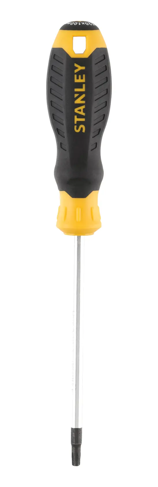 STANLEY STHT16179-0 black and yellow screwdriver, front angle, ergonomic handle, white background.