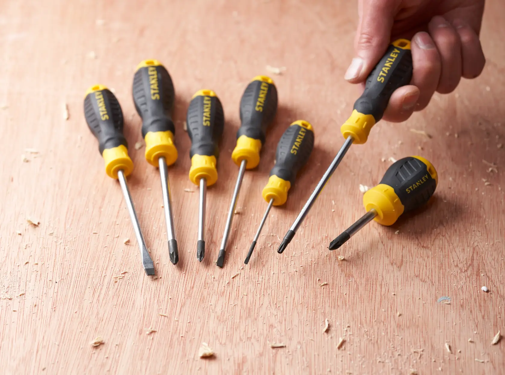 Photo of STANLEY STHT16179-0 screwdriver set with black and yellow handles on wood surface.