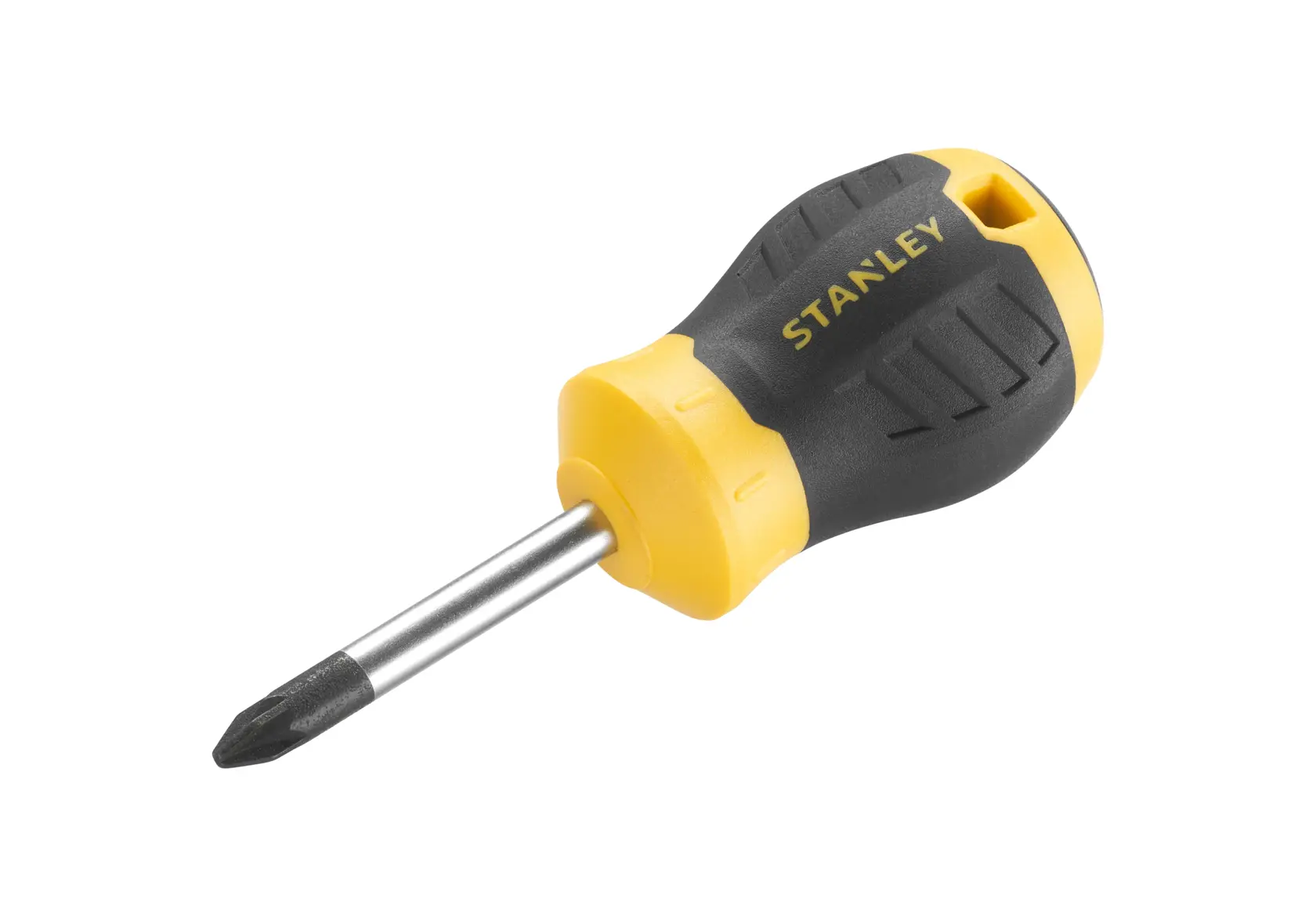 STANLEY STHT16196-0 stubby Phillips screwdriver with yellow and black handle, angled on white background.