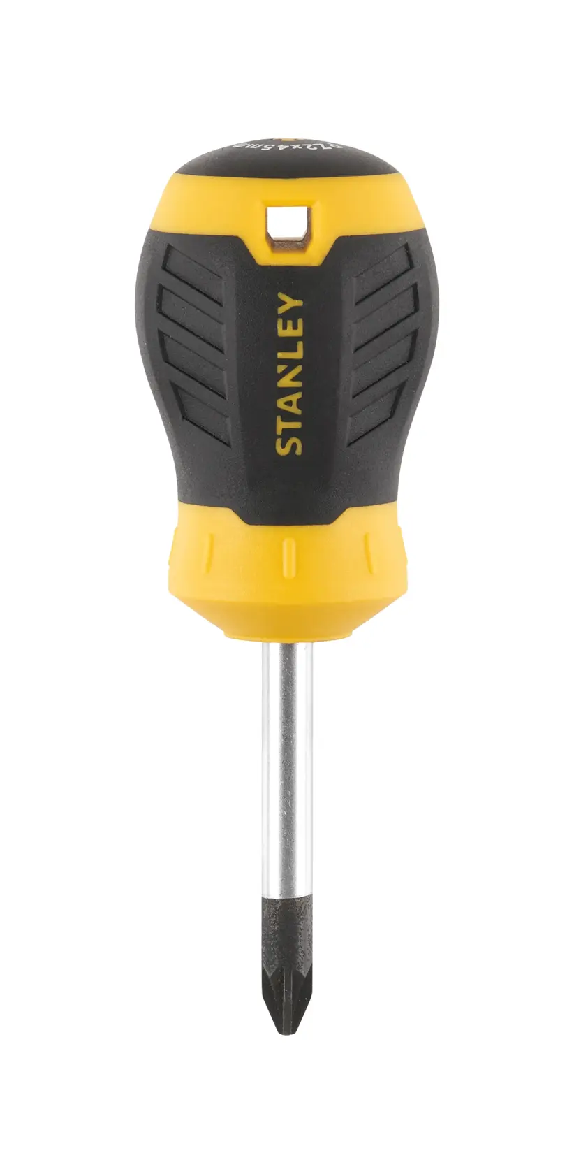 STANLEY STHT16196-0 stubby Phillips screwdriver with black and yellow handle, front angle.