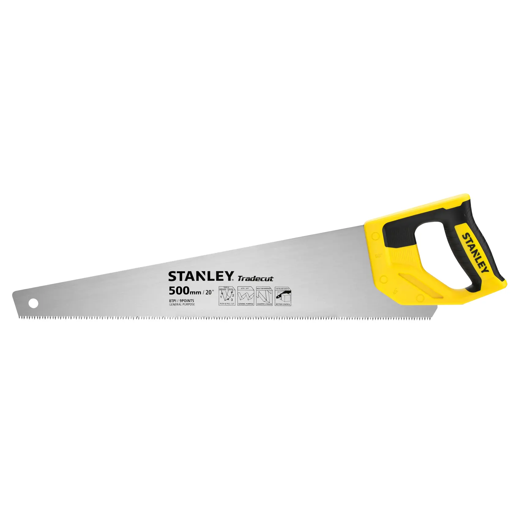 Scie STANLEY à poignée jaune, lame de 500 mm, pour couper le bois et les matériaux généraux.
