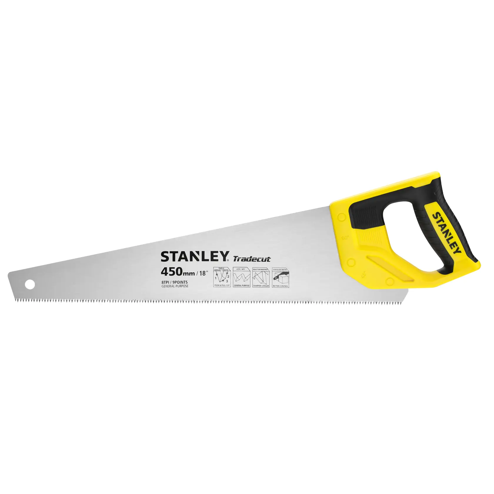 Scie à main Stanley, poignée jaune et lame de 450 mm pour coupe polyvalente.