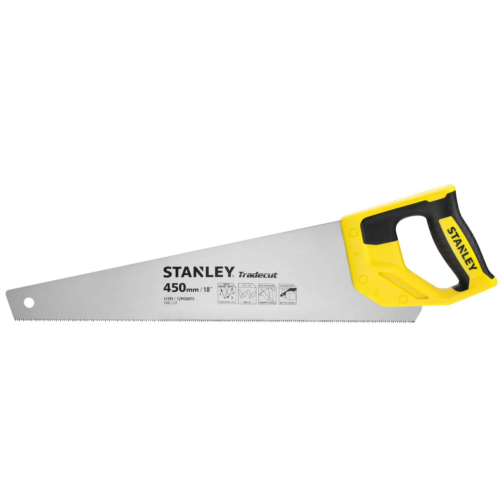 Photo de la scie égoïne STANLEY STHT20355-1, poignée jaune et noire, lame de 450mm, vue latérale sur fond blanc.