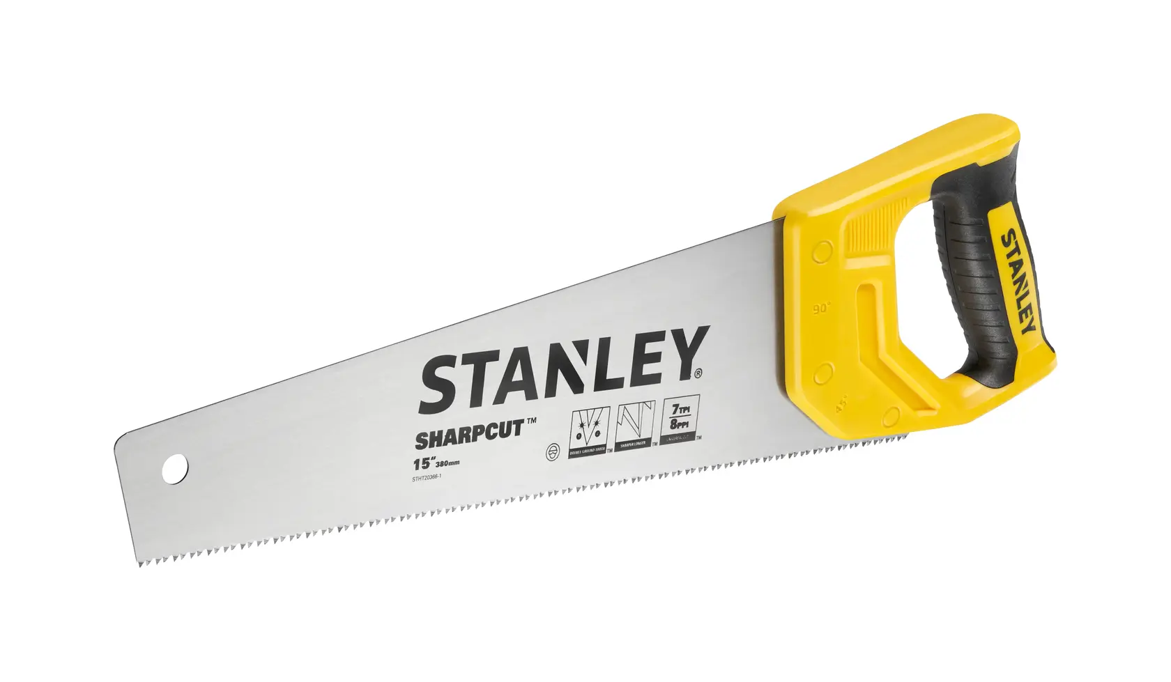STANLEY STHT20366-1 scie à main avec poignée jaune et noire, vue latérale sur fond blanc.