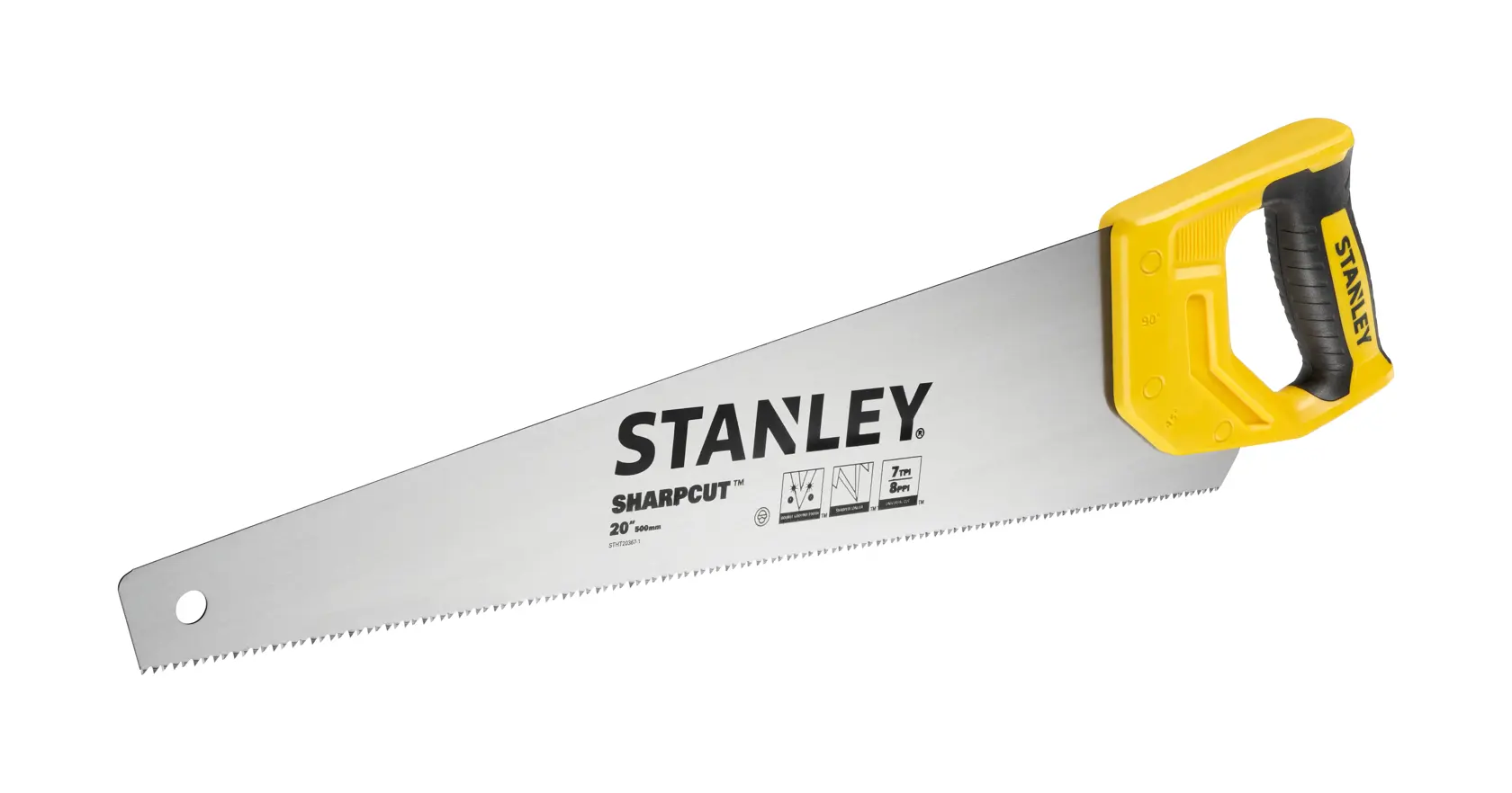 STANLEY STHT20367-1 handsaw with yellow and black handle, silver blade, side angle, white background.