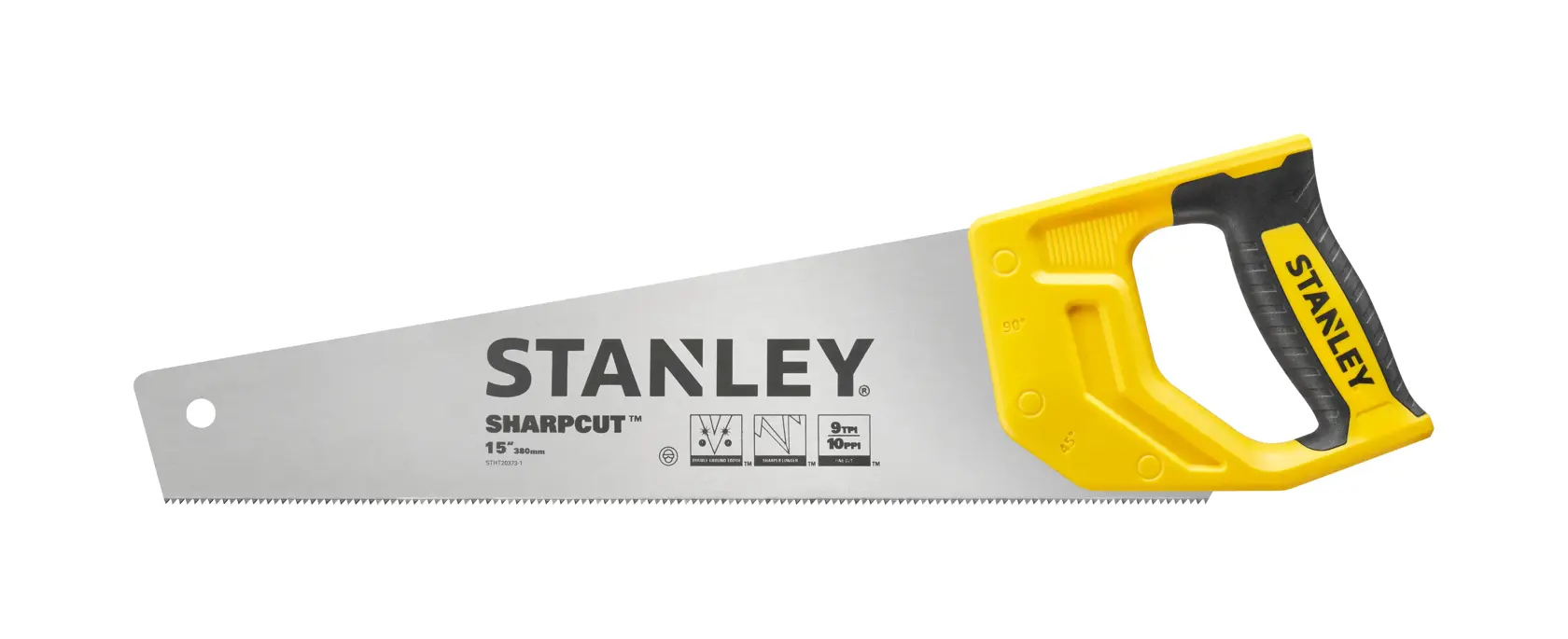 Stanley STHT20373-1 hand saw, yellow and black handle, side angle on white background.