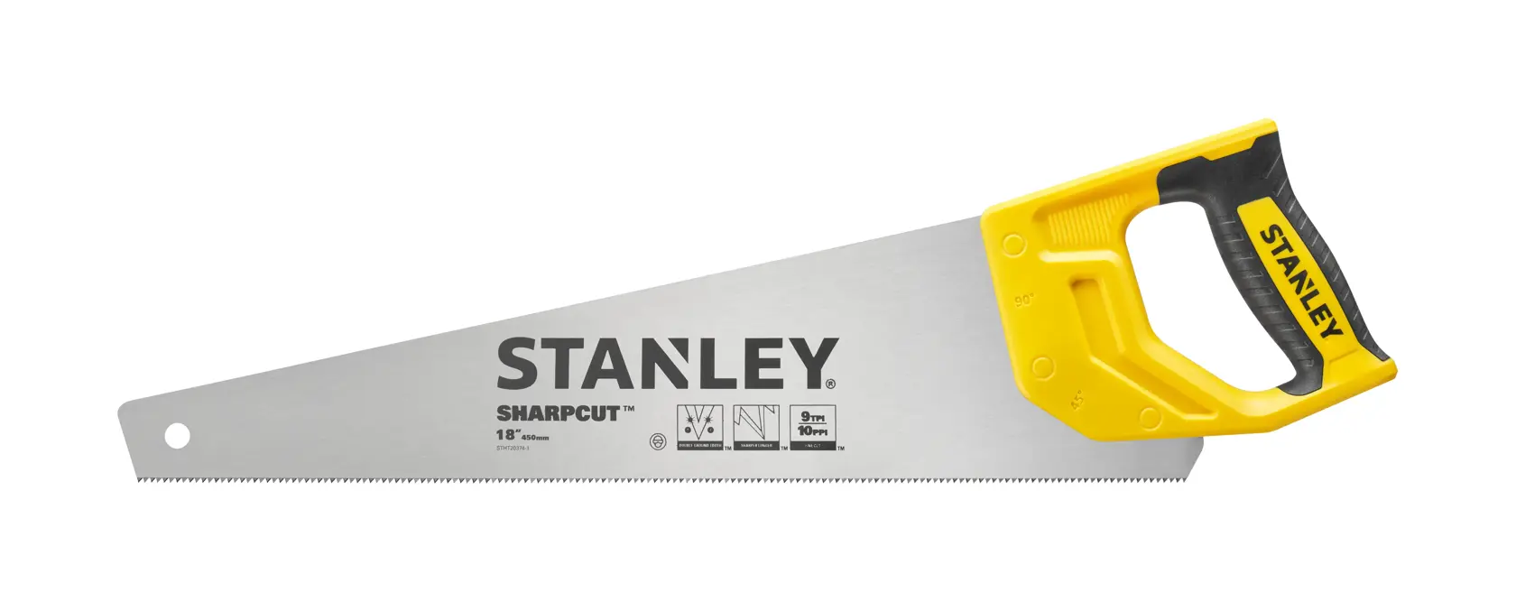 Photo of STANLEY STHT20374-1 hand saw with yellow and black handle, side angle on white background.