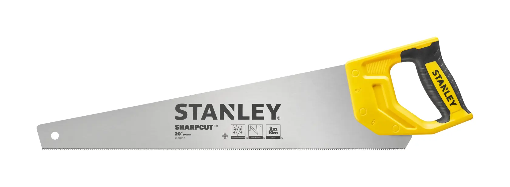 Photo de la scie à main STANLEY STHT20375-1 avec poignée jaune et noire, lame métallique, vue latérale sur fond blanc.