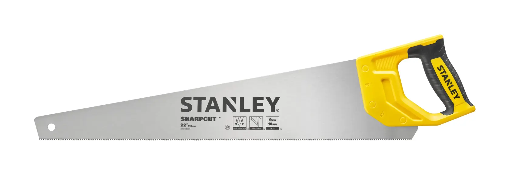 STANLEY STHT20376-1 hand saw with yellow and black handle, straight blade side view on white background.