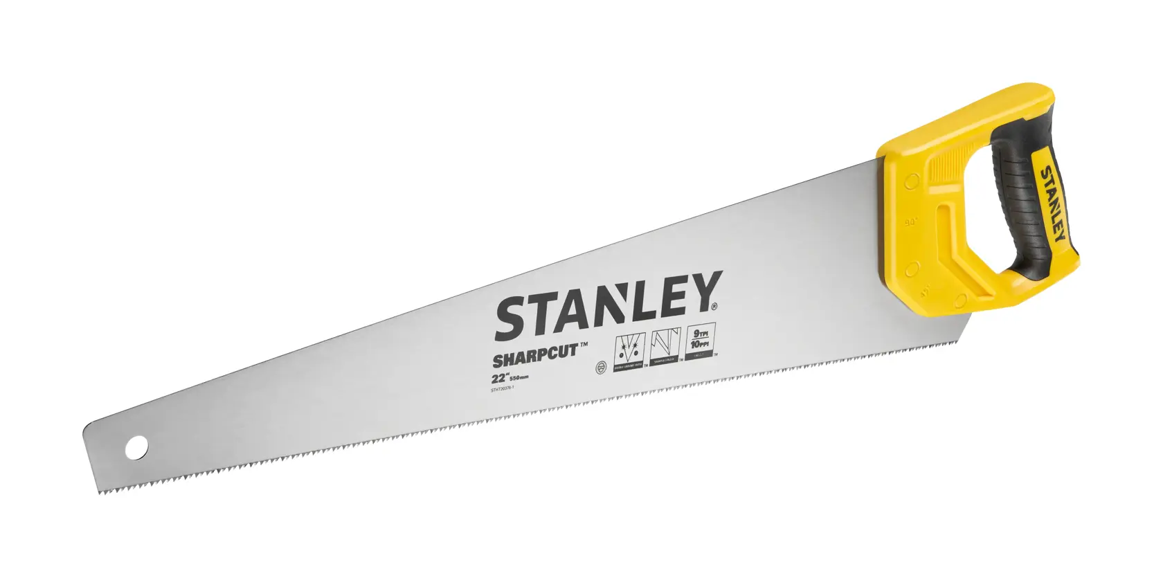 Photo of STANLEY STHT20376-1 hand saw with yellow and black handle, sharp steel blade, front angle, on white background.