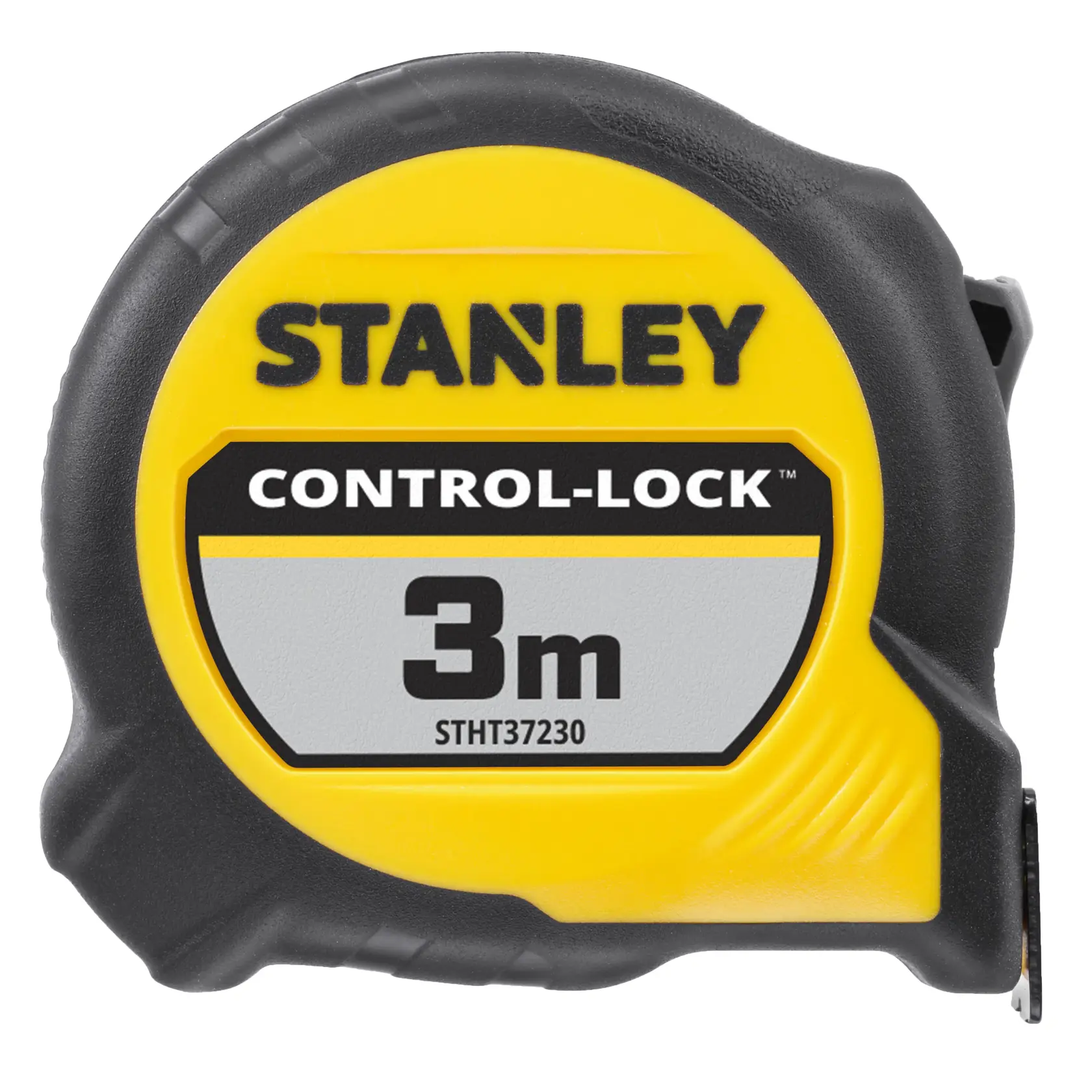 Photo of STANLEY STHT37230-0 3m Control-Lock tape measure, yellow and black casing, front angle, on white background.