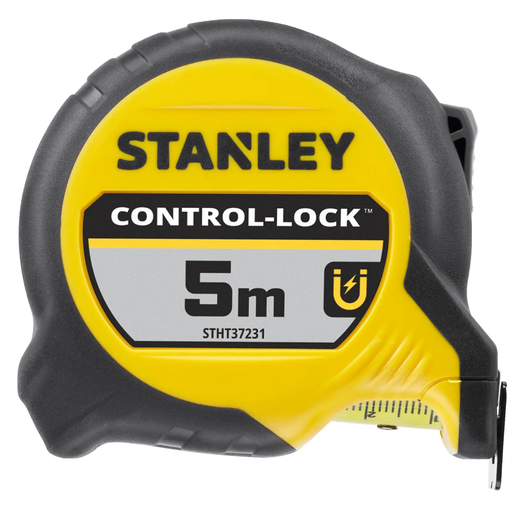 STANLEY STHT37231-0 mètre ruban 5m, jaune et noir, CONTROL-LOCK, face avant sur fond blanc.
