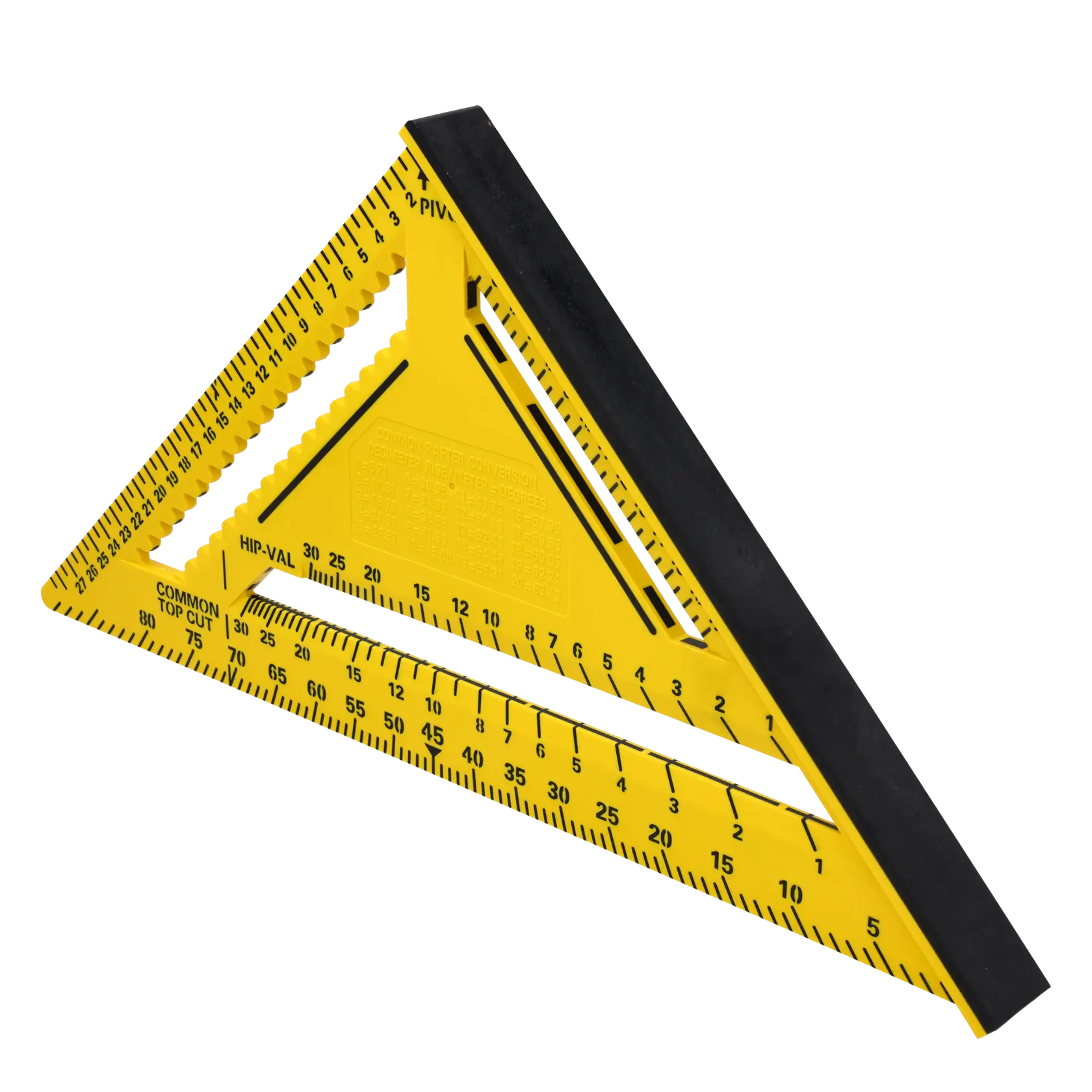 Photo of STANLEY STHT46013-0 yellow plastic rafter square with black edge, angled view on white background.