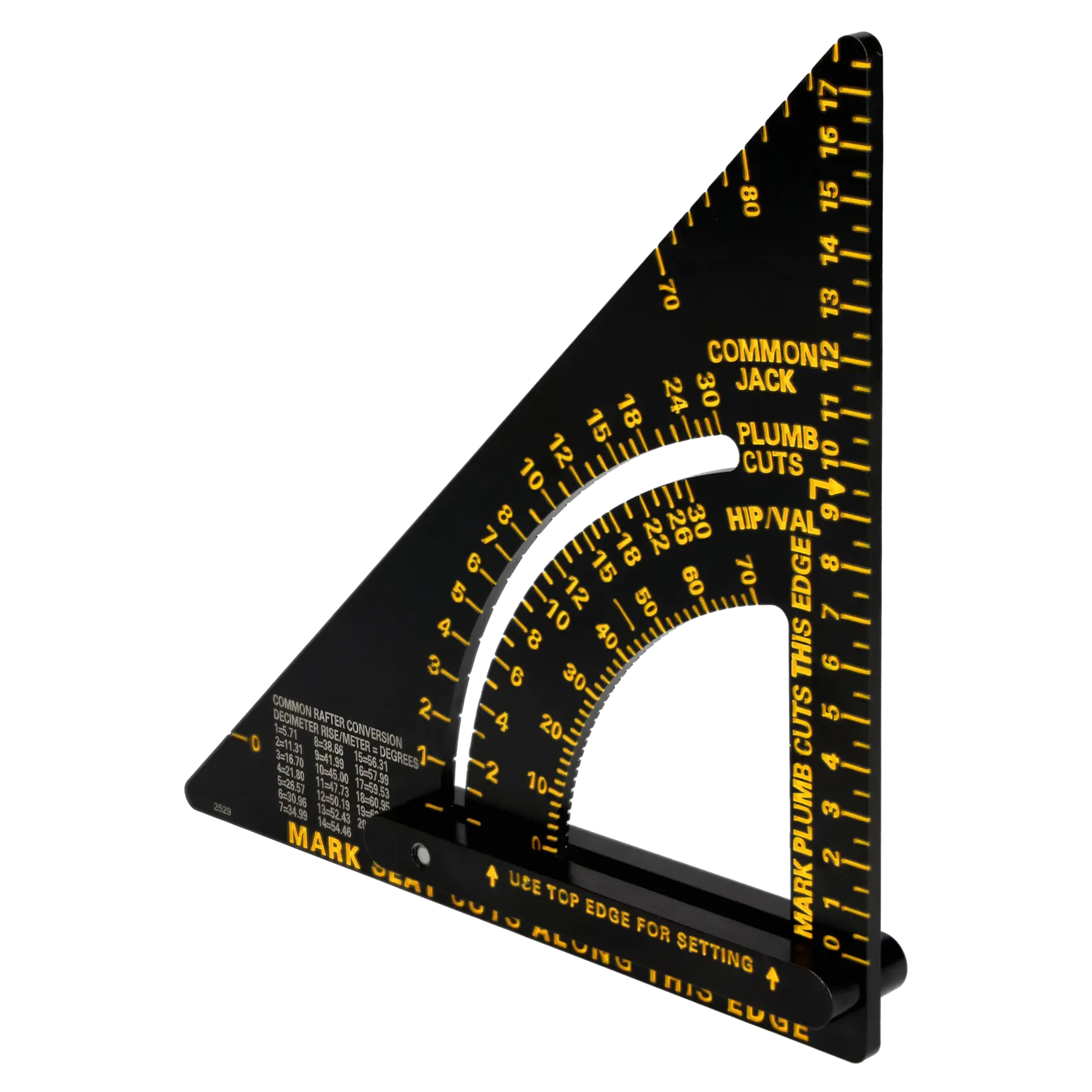 STANLEY STHT46056-0 photography of black and yellow rafter square with angle markings, side view on white background.