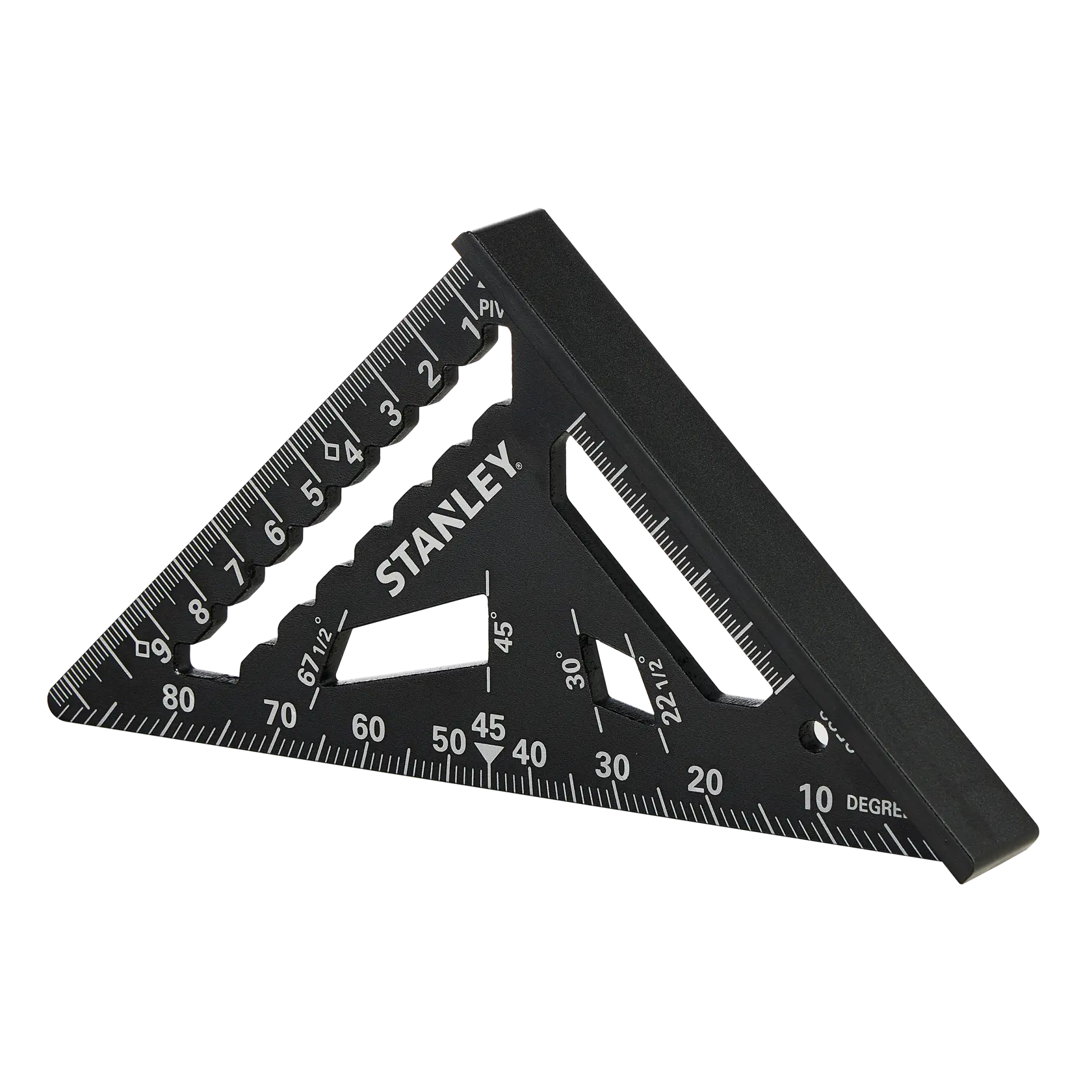 STANLEY STHT46100-0 squadra da falegname triangolare nera con scale graduate, vista frontale su sfondo bianco.