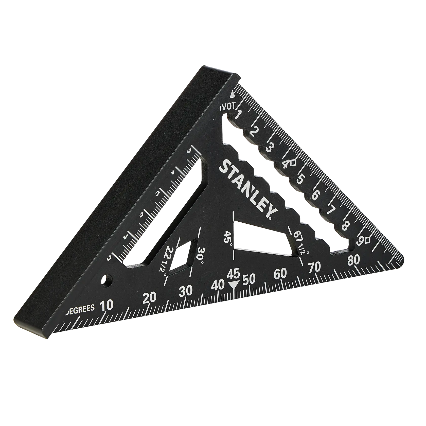 STANLEY STHT46100-0 squadra triangolare da carpentiere nera con segni bianchi, vista frontale su sfondo bianco.