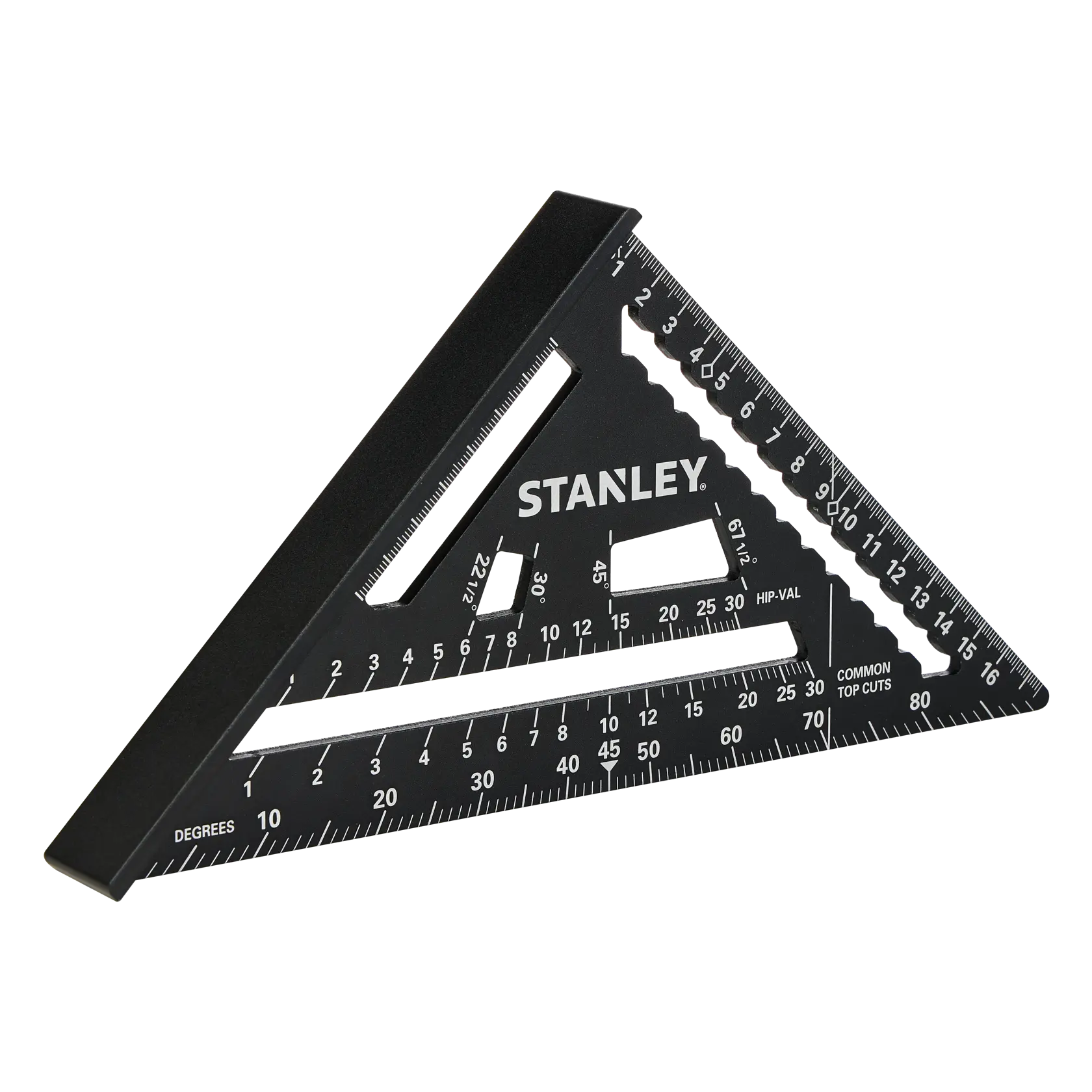 STANLEY STHT46101-0 squadra triangolare nera con segni bianchi, fotografia, vista angolata su sfondo bianco.