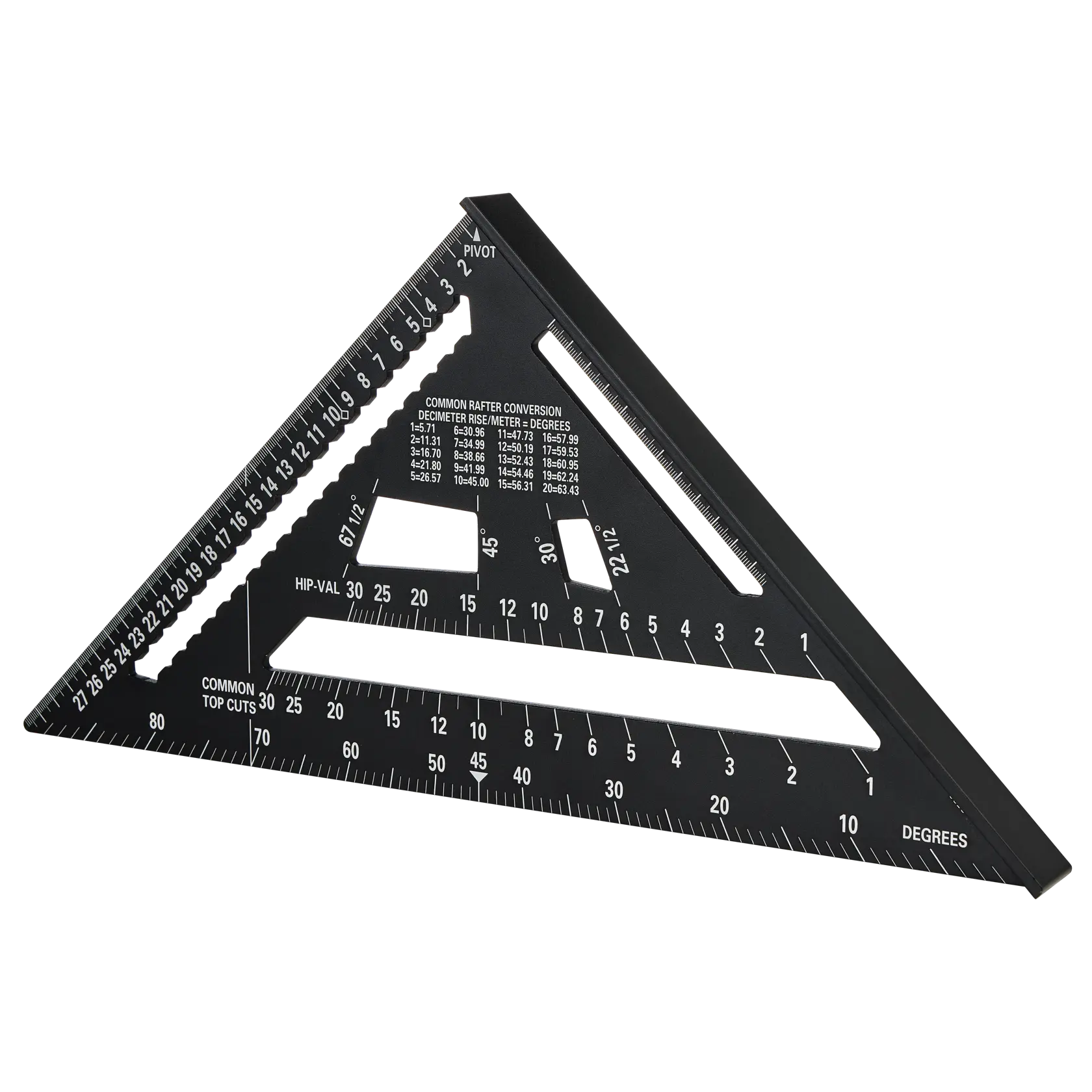 STANLEY STHT46102-0 squadra da carpentiere in plastica nera, vista dall’alto, con scale metriche e di gradi.