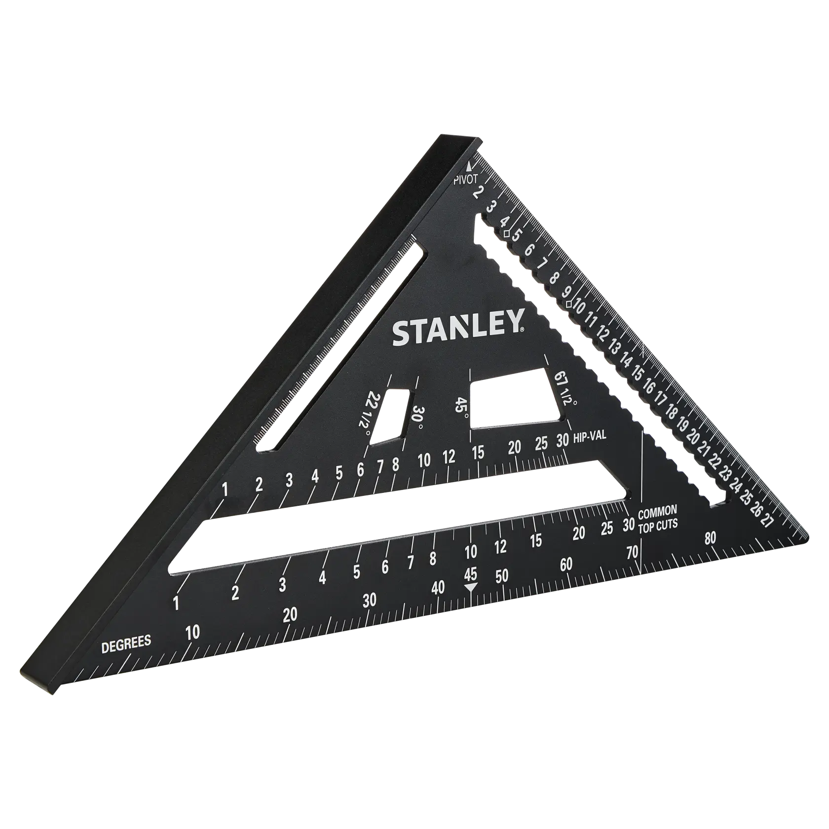 STANLEY STHT46102-0 squadra triangolare nera da carpentiere, vista laterale, con segni di misurazione bianchi.