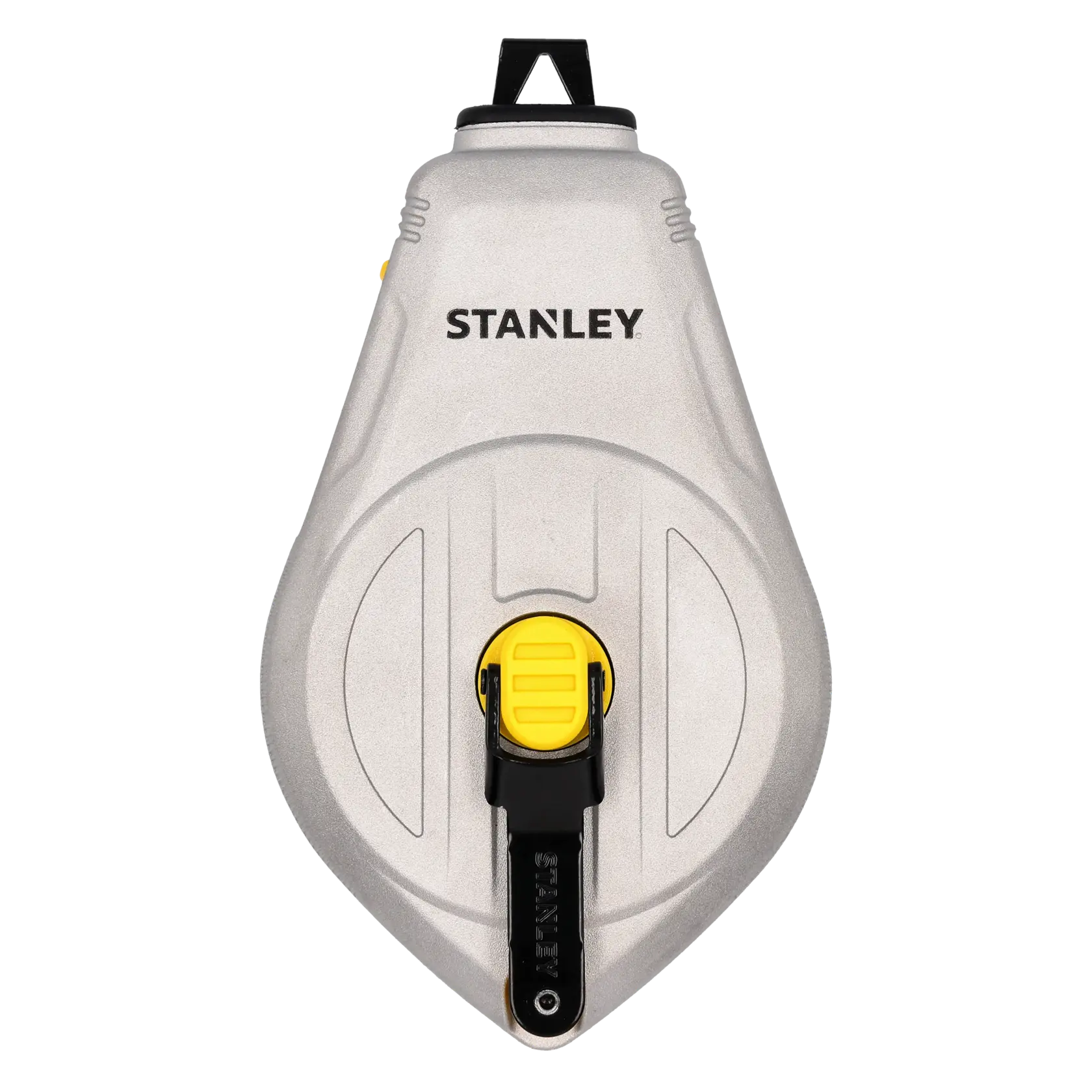 STANLEY STHT47110-0 bobine de cordeau à tracer argentée avec détails jaunes, vue de face sur fond blanc.