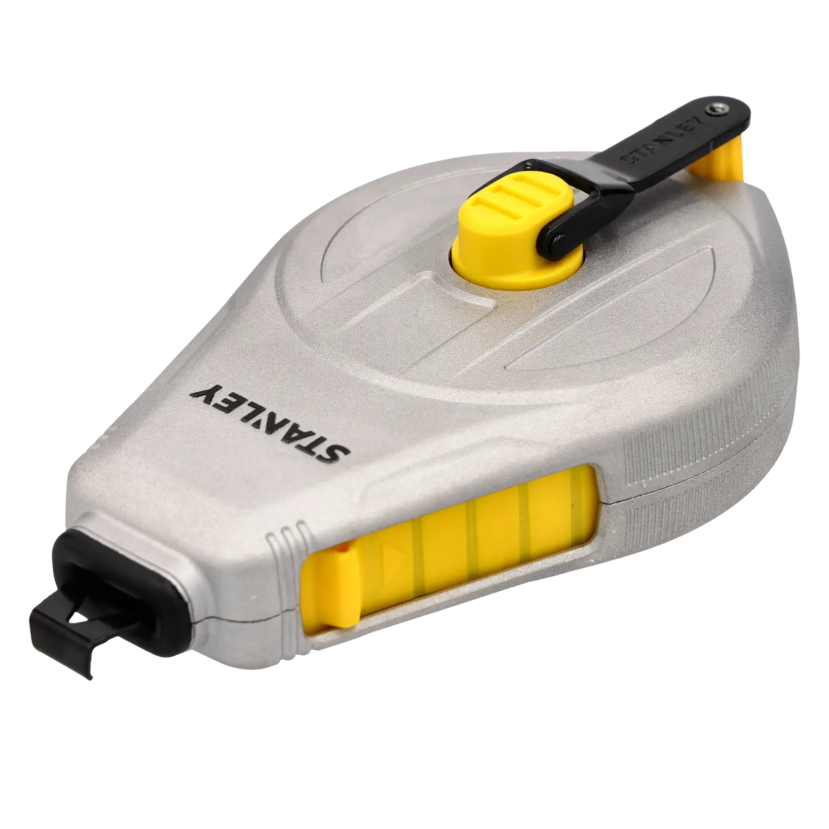 Stanley STHT47110-0 avvolgitore per corda da tracciatura, argento e giallo, vista angolata su sfondo bianco.