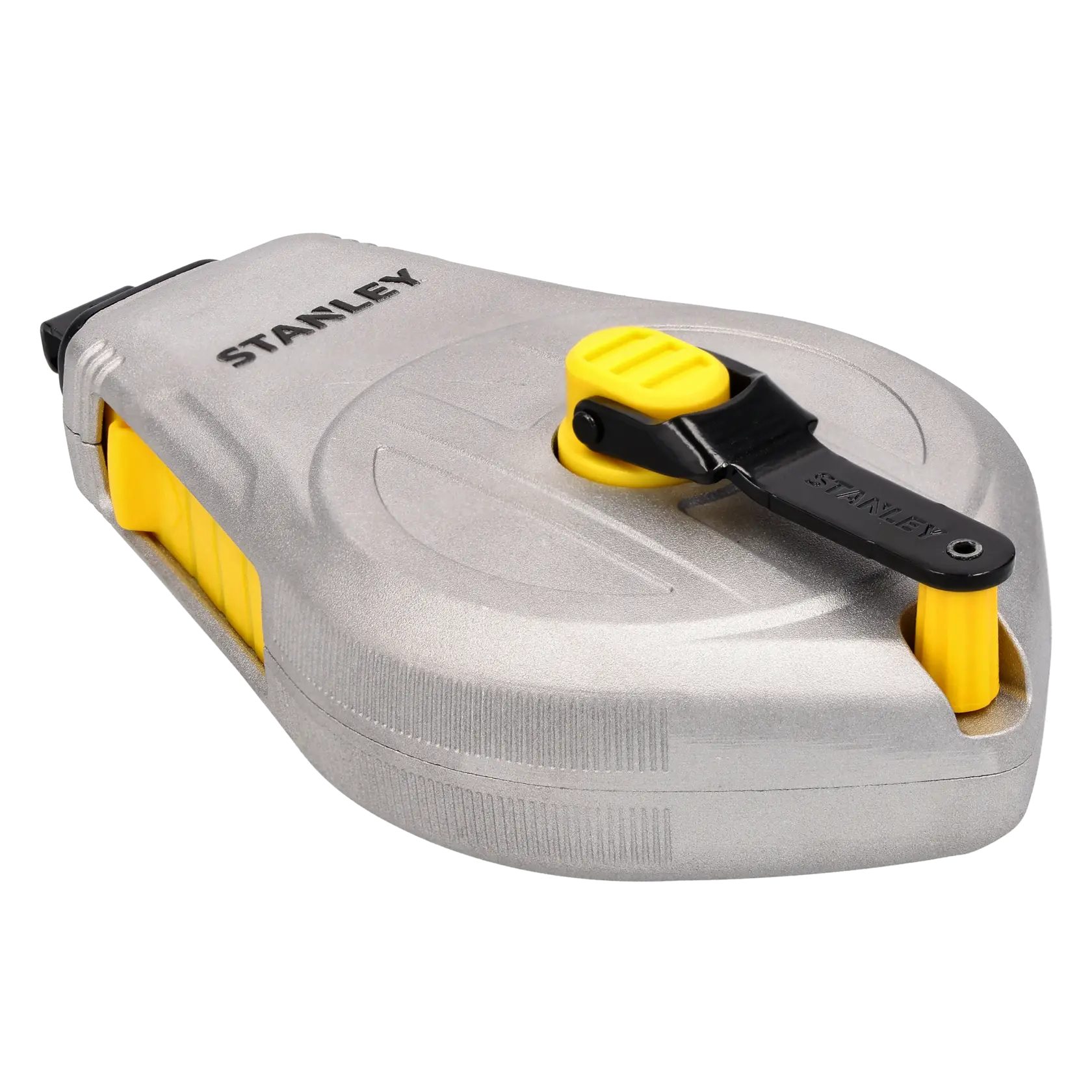 Stanley STHT47110-0 cassetta per corda da muratore, argento e giallo, vista frontale su sfondo bianco.