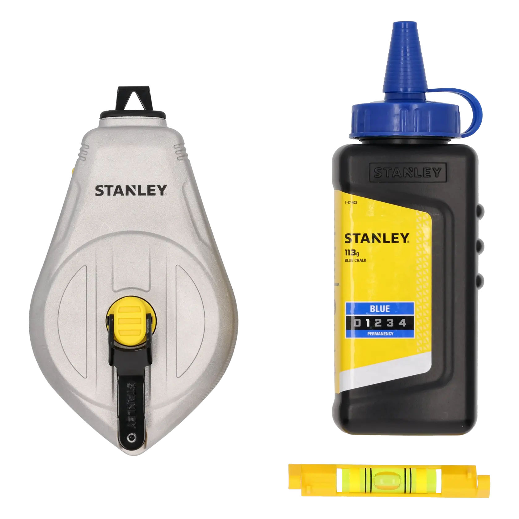 STANLEY STHT47111 kit linea di tracciatura con bobina argentata, gesso blu e mini livello giallo, vista frontale.