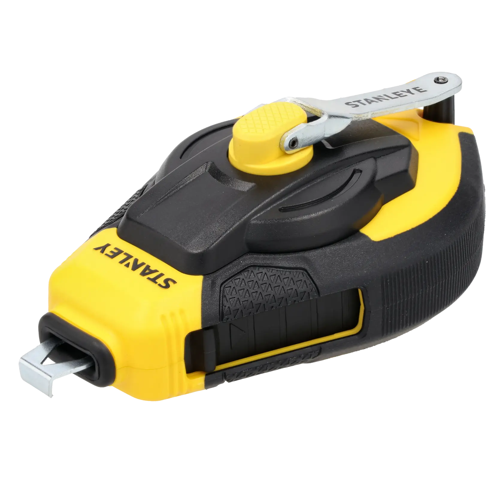 STANLEY STHT47311-0 avvolgitraccia gesso, nero e giallo, vista tre quarti su sfondo bianco.