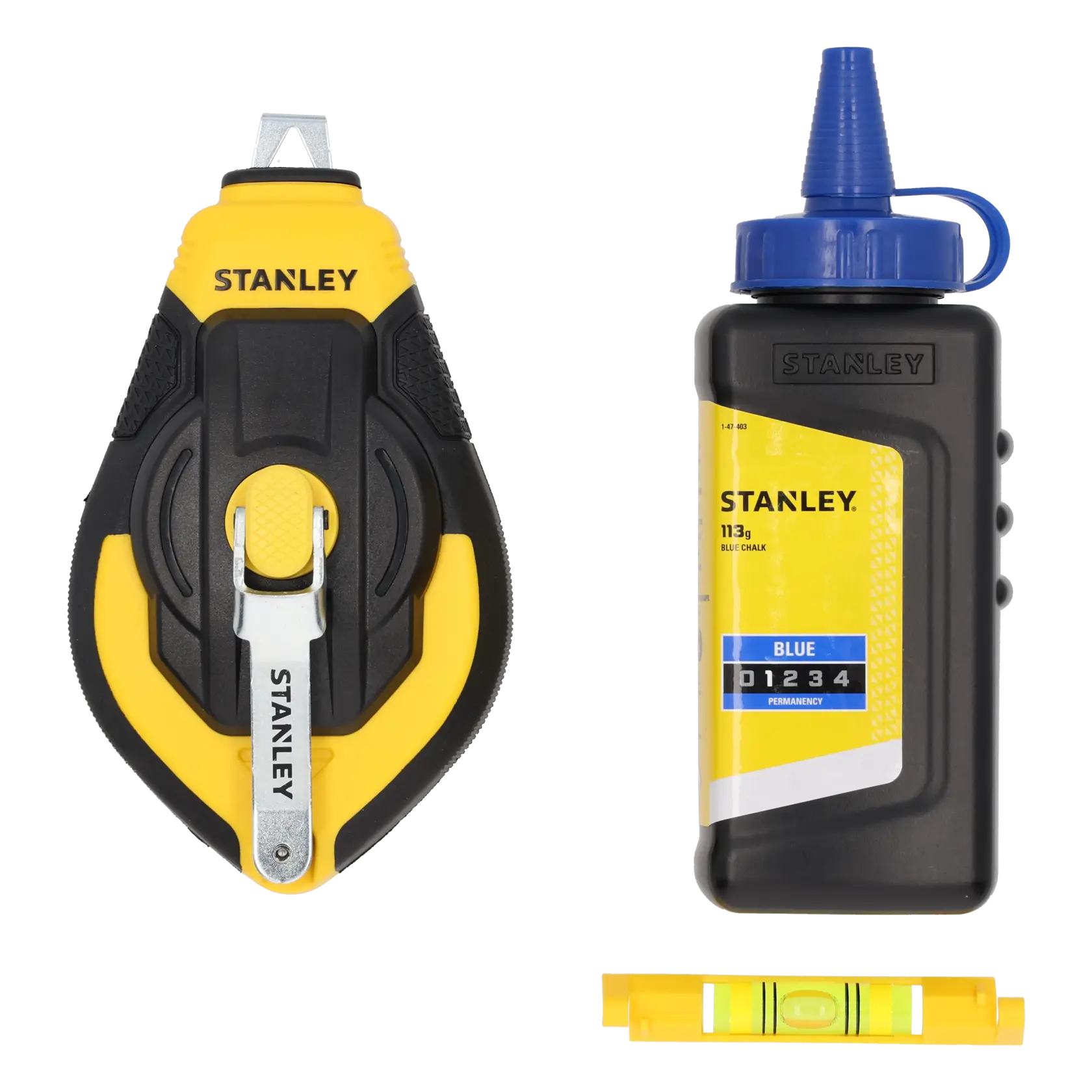 STANLEY STHT47312-0 kit cordeau à tracer avec boîtier jaune, poudre bleue et mini niveau à bulle, vue de face.