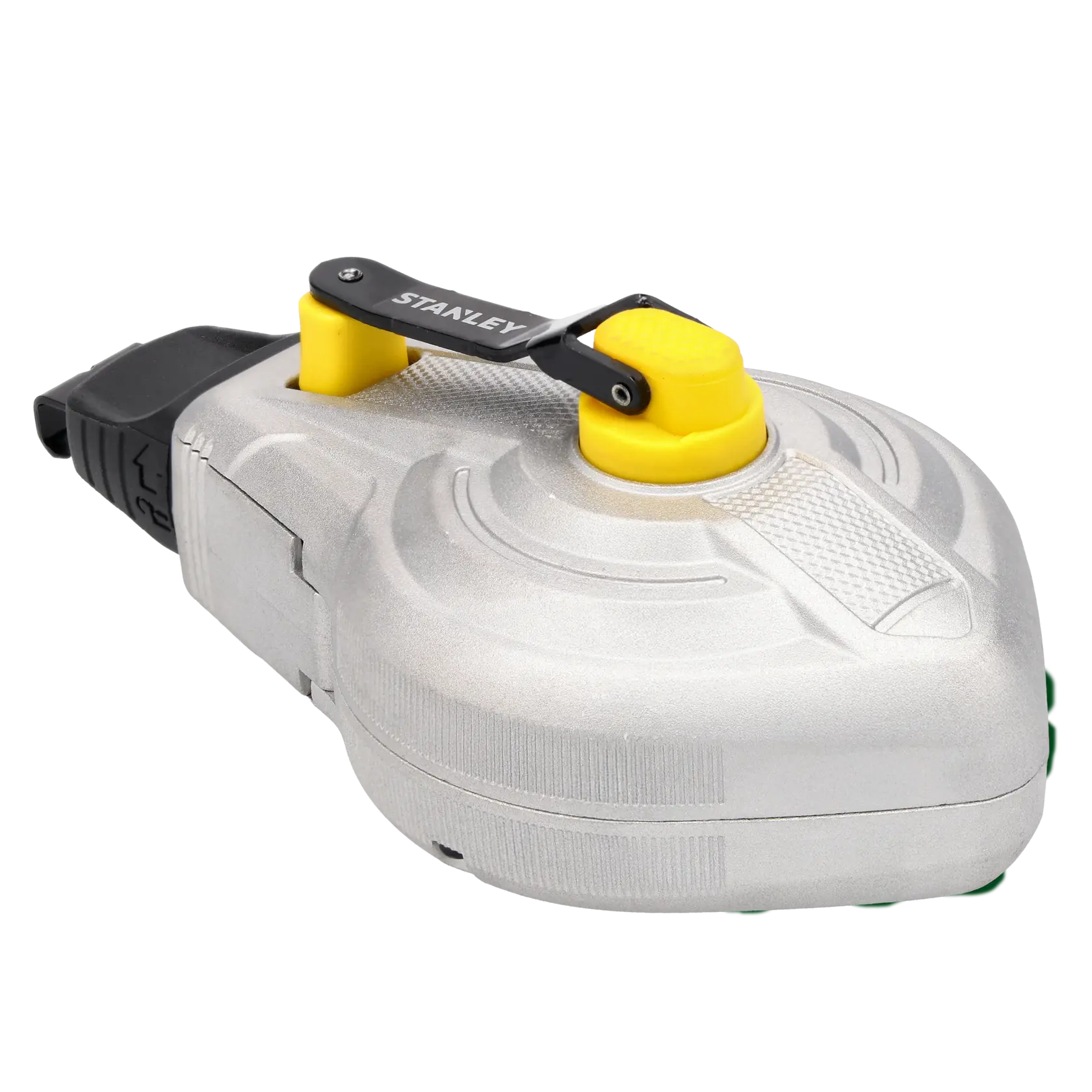 STANLEY STHT47611-0 traccialinee con corpo argento, manovella gialla e dettagli neri, inquadratura angolata su sfondo bianco.