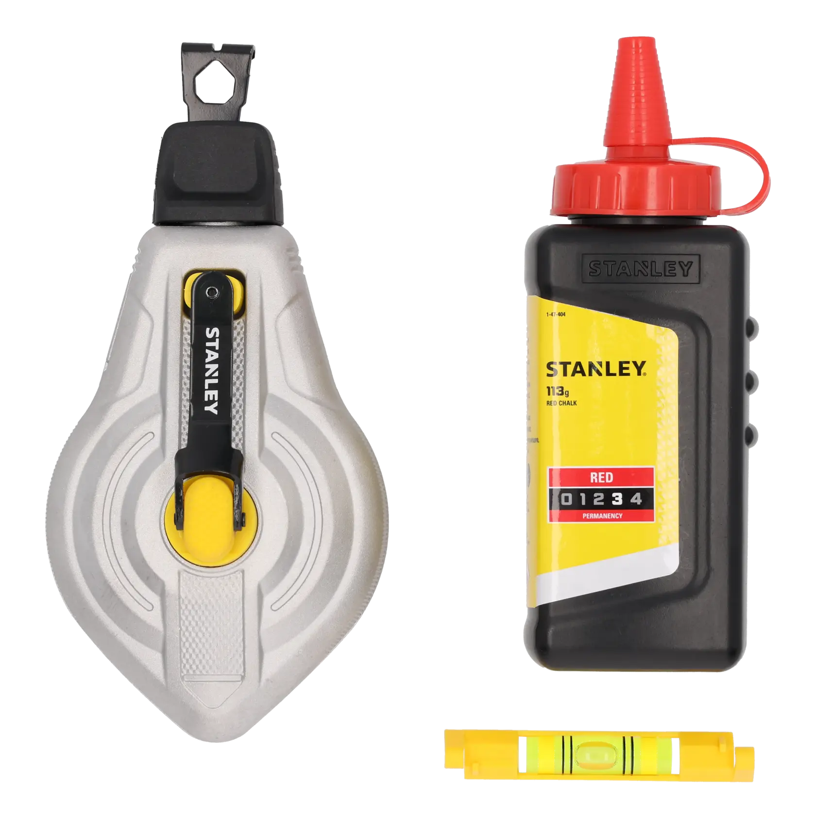STANLEY STHT47612 set tracciatore con bobina argentata, flacone di gesso rosso e mini livella gialla, vista frontale.