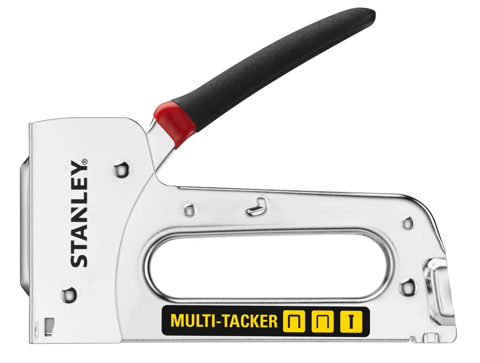Stanley STHT6-70410 silberner Multi-Tacker Hefter mit schwarzem und rotem Griff, Seitenansicht.