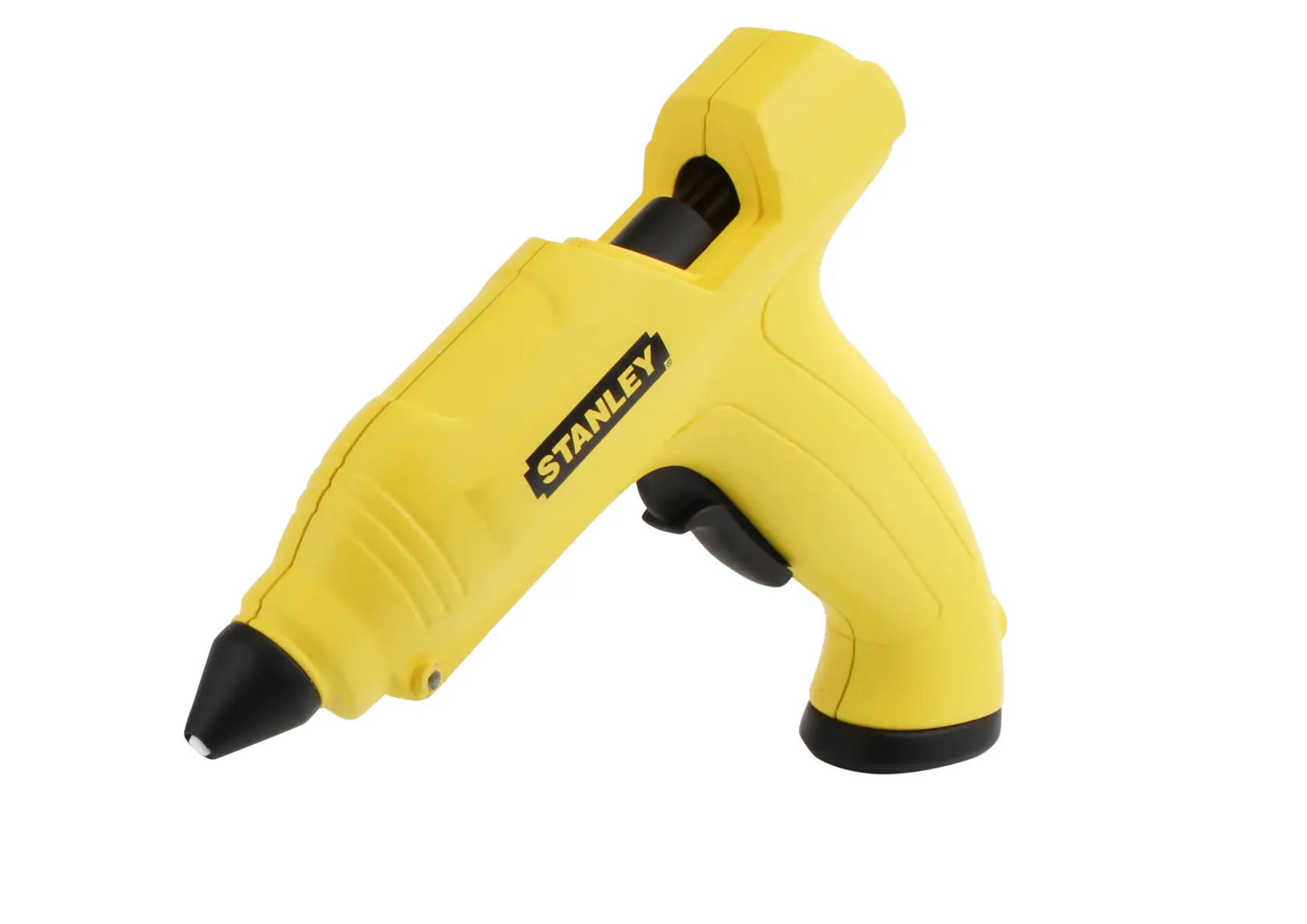 STANLEY STHT6-70416 yellow glue gun side angle photography on white background