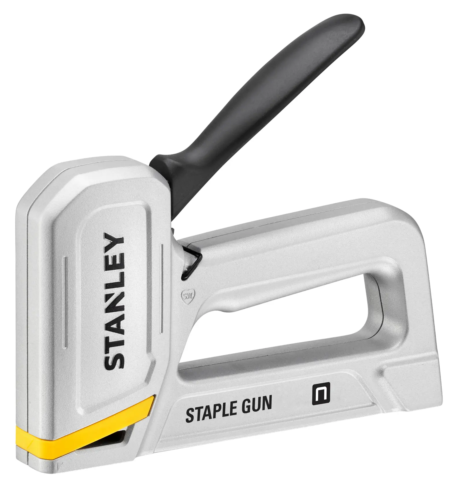 Photo of STANLEY STHT70150-0 silver staple gun with black handle, angled view on white background.