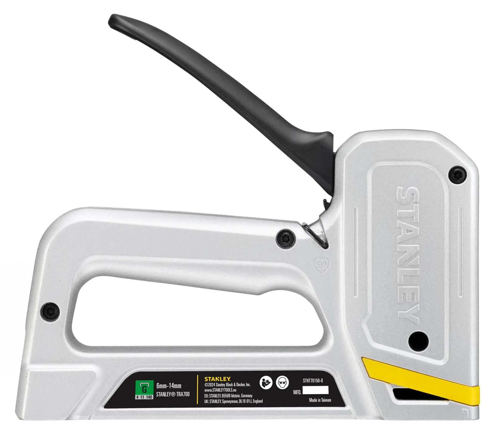 STANLEY STHT70150-0 manual staple gun, side view, silver body with black handle and yellow detail, white background.