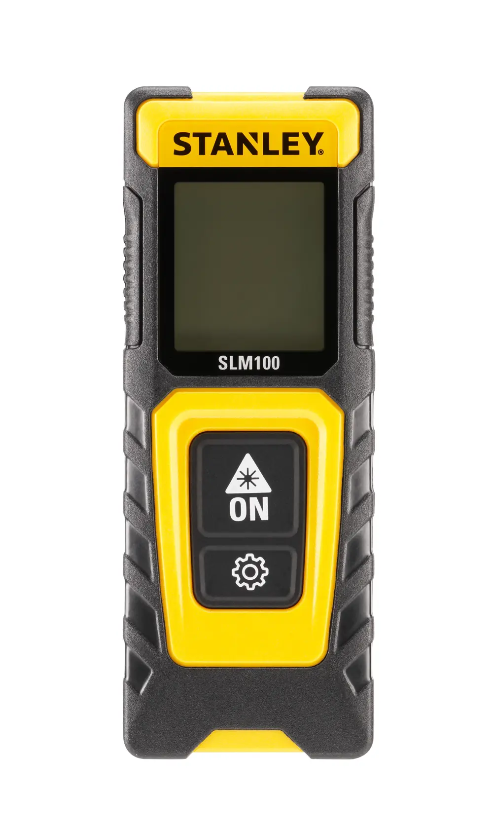 STANLEY STHT77100-0 Laser-Entfernungsmesser am Holzrahmen auf Baustelle benutzt, Produkt in Hand.