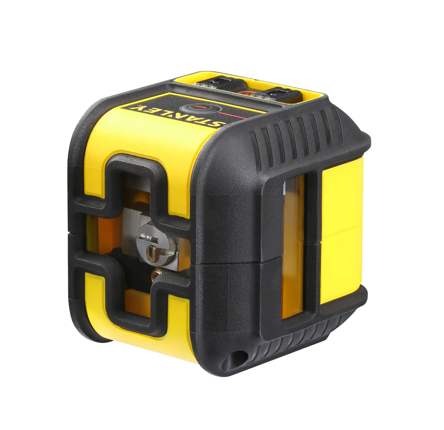 Stanley STHT77502-1 yellow and black laser level, angled view, rugged design, on white background.