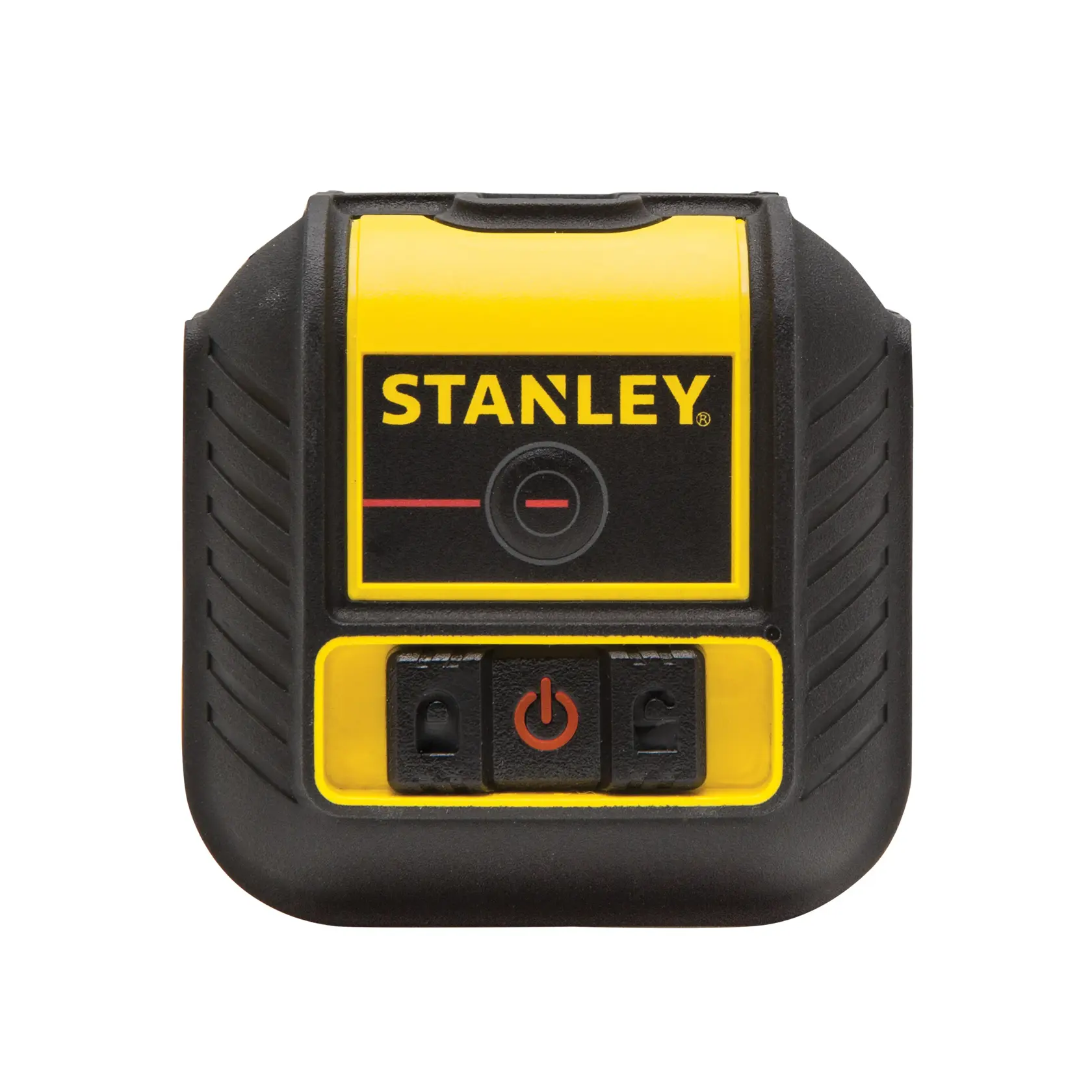 Front view photo of STANLEY laser level STHT77502-1, yellow and black, with power button and control icons.