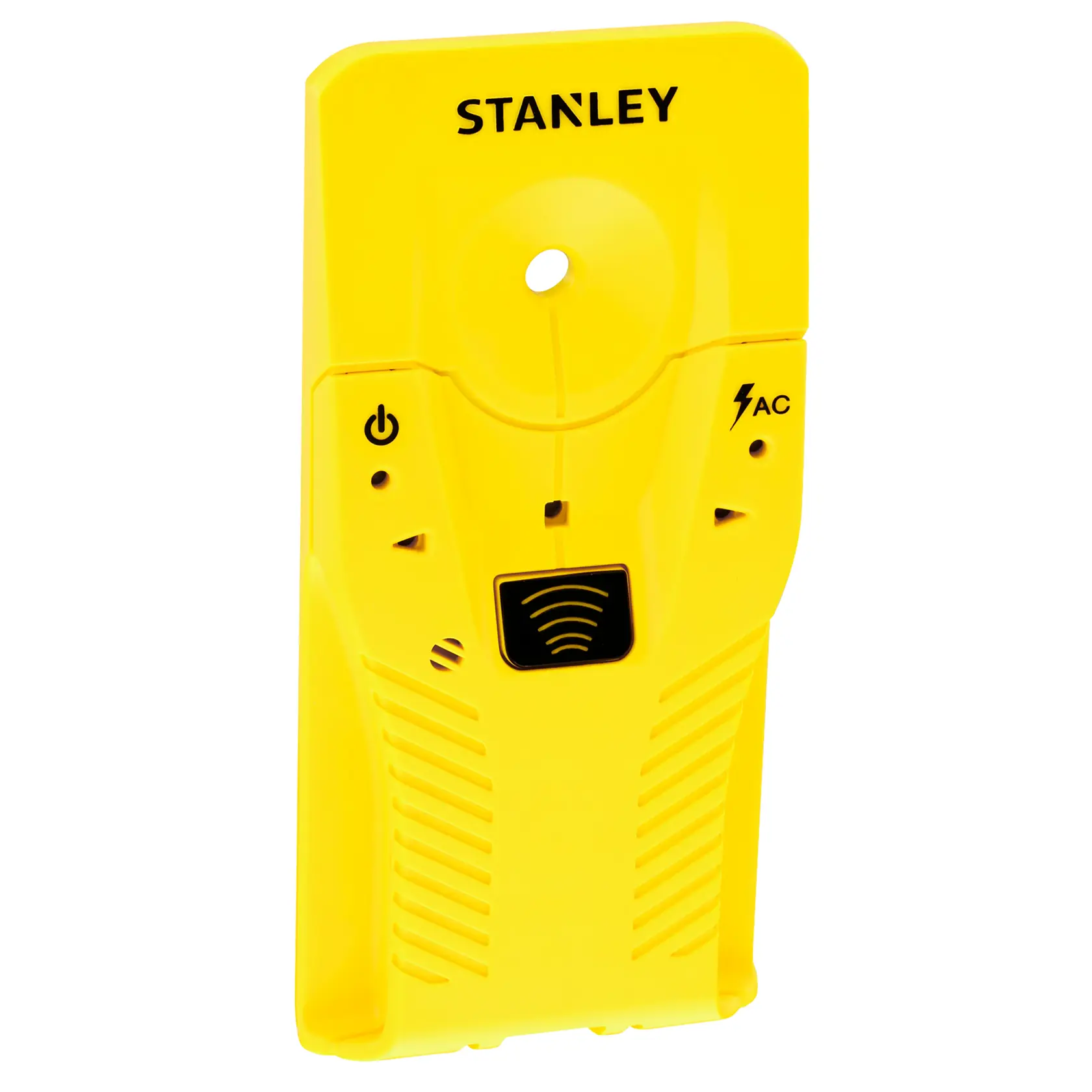 Photo du détecteur de montant jaune STANLEY STHT77587-0 avec touches d’alimentation et détection AC, sur fond blanc.