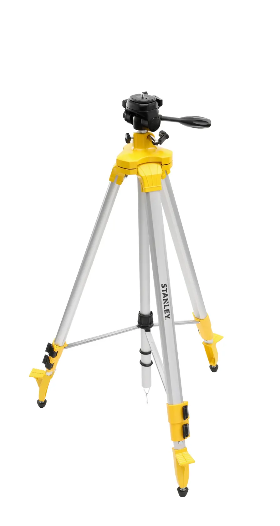 Photo of STANLEY STHT77643-1 aluminum tripod, yellow and silver, front angle, three extendable legs with handle.