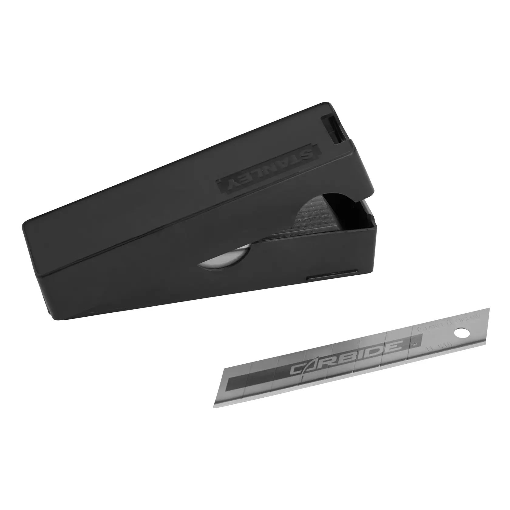 STANLEY STHT8-11818 distributeur de lames noir avec une lame sécable argentée, vue de face.