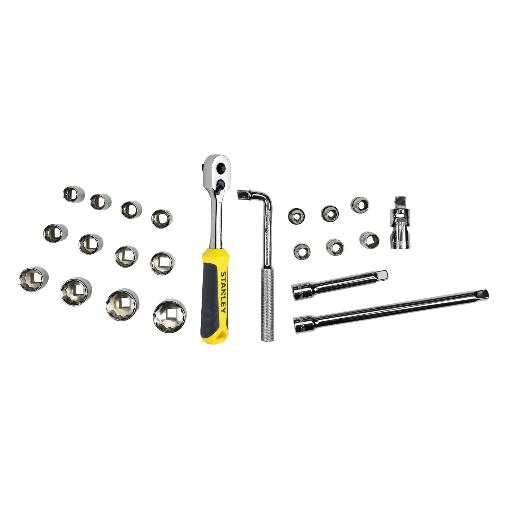 STANLEY STMT1-74173 coffret de douilles avec cliquet, rallonges, douilles et accessoires, vue à plat.