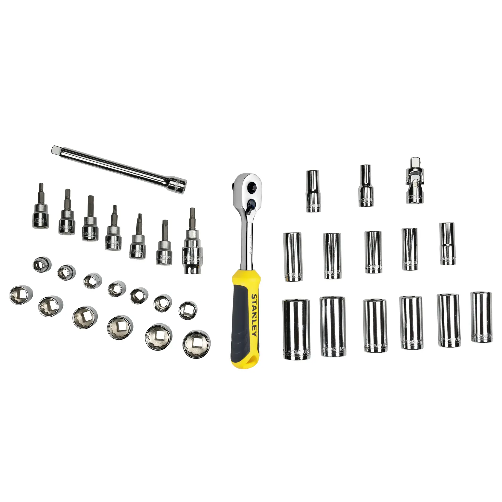 STANLEY STMT1-74174 socket wrench set with ratchet, extension bar, bit sockets and chrome sockets, top view.
