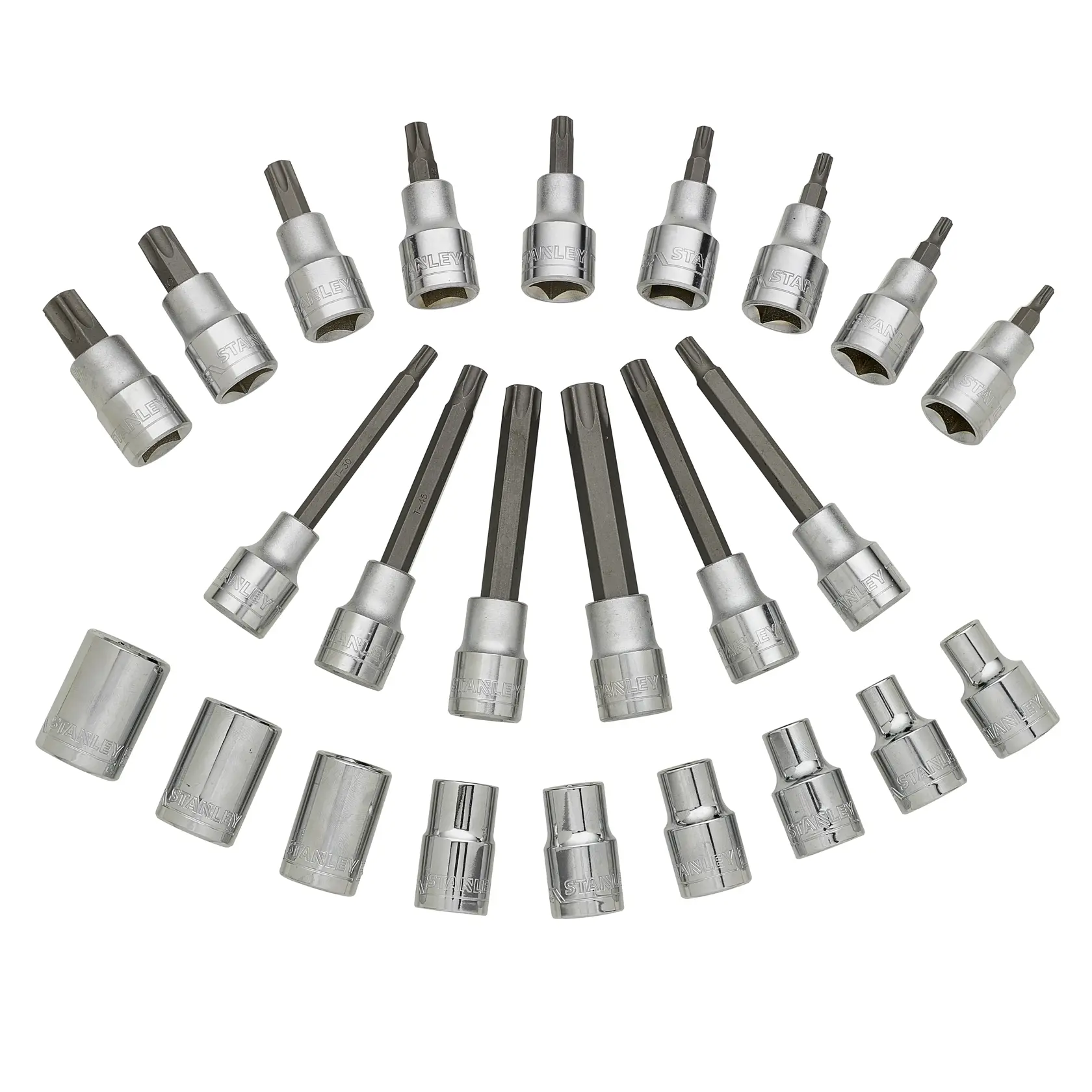 STANLEY STMT1-74176 socket and bit set arranged in a semi-circle, silver finish, top-view photo.