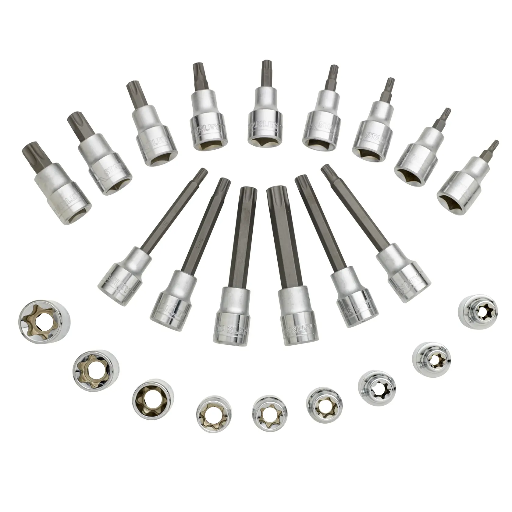 Stanley set of assorted Torx sockets and bits displayed in a semicircle on a white background.