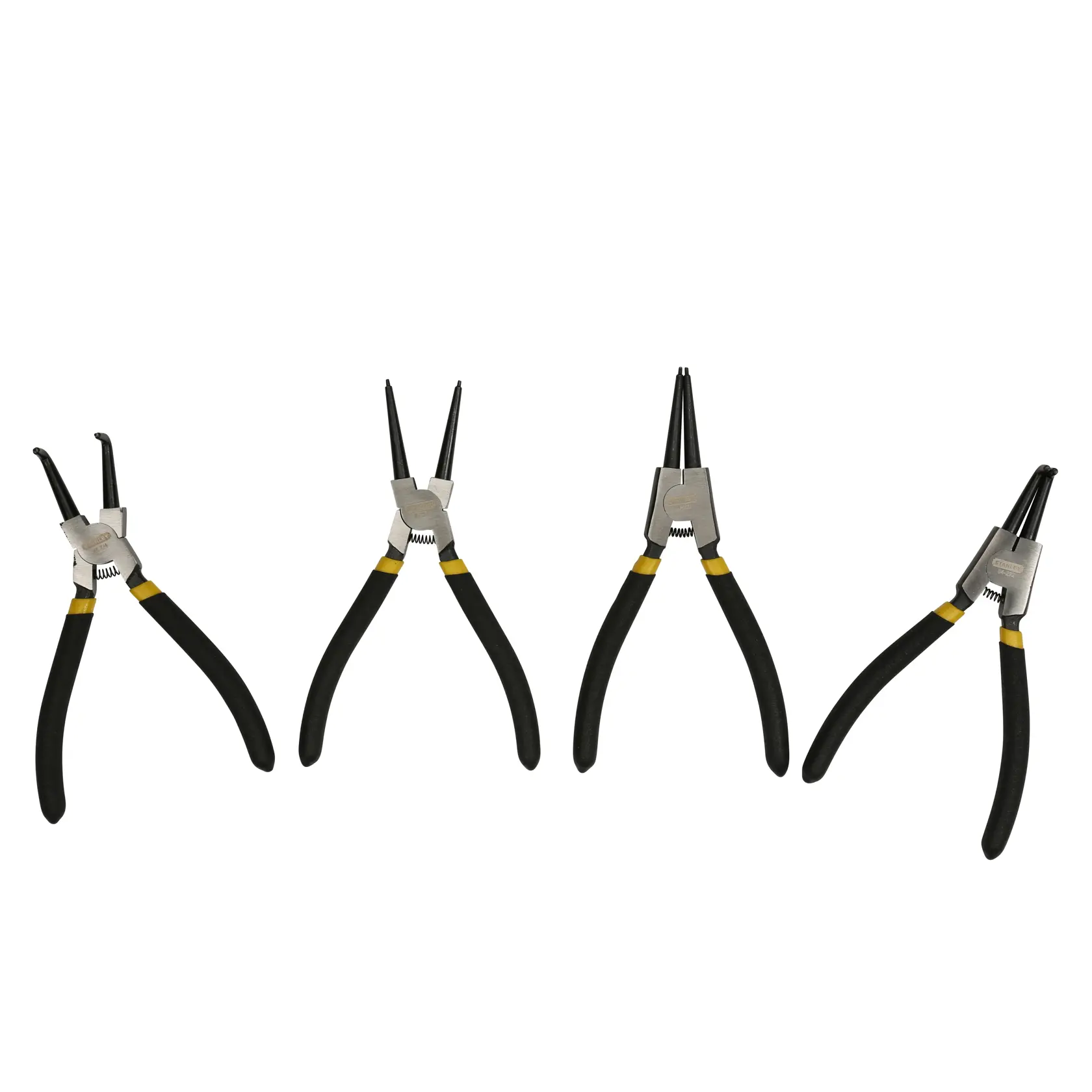 STANLEY STMT1-74180 photography of four snap ring pliers with black and yellow handles, front angle.