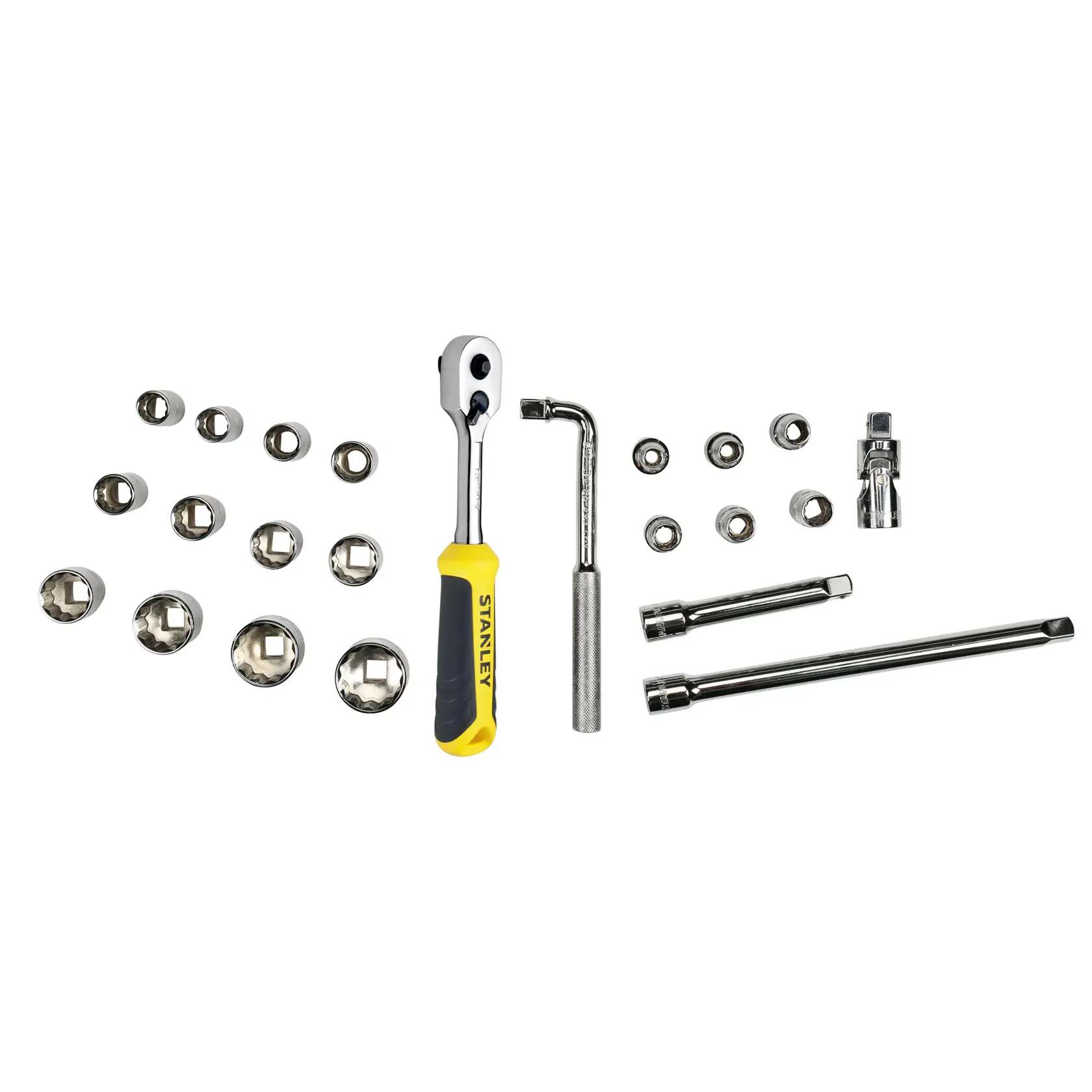 STANLEY STMT1-74726 coffret de douilles avec cliquet, barres d'extension et douilles, vue de dessus fond blanc.