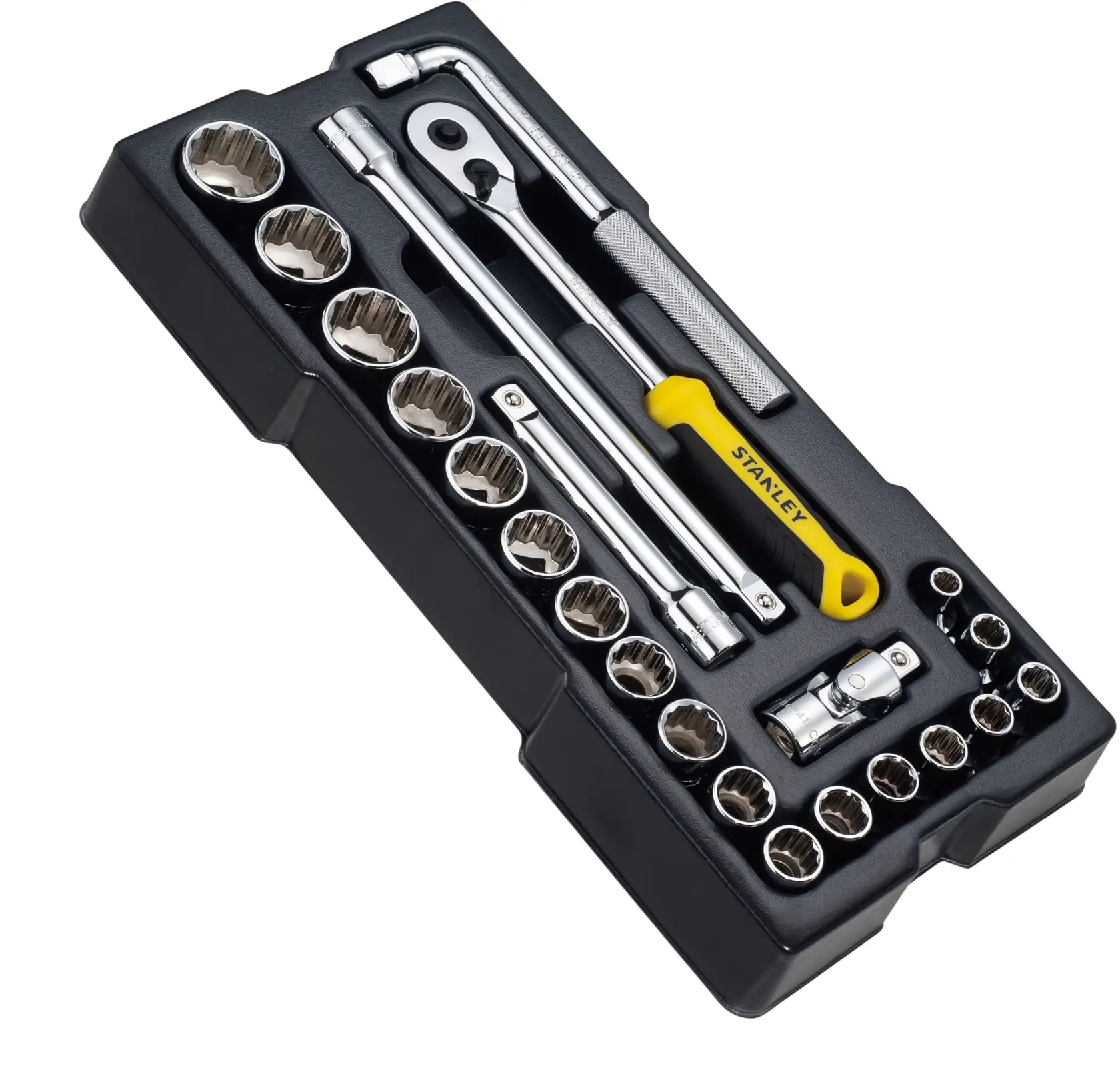 STANLEY STMT1-74726 socket wrench set in black tray, top angle, includes ratchet and various sockets.