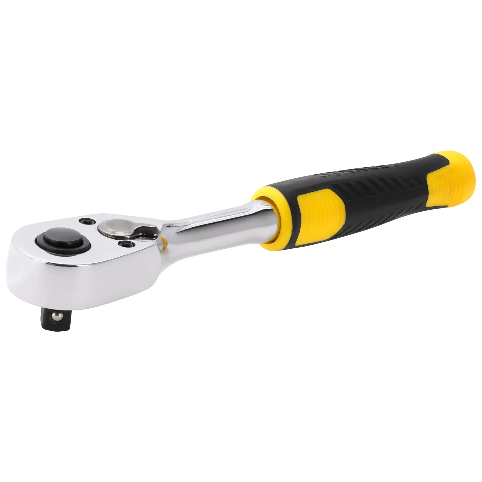Clé à cliquet STANLEY STMT82663-0 avec poignée ergonomique noire et jaune, produit en angle sur fond blanc.