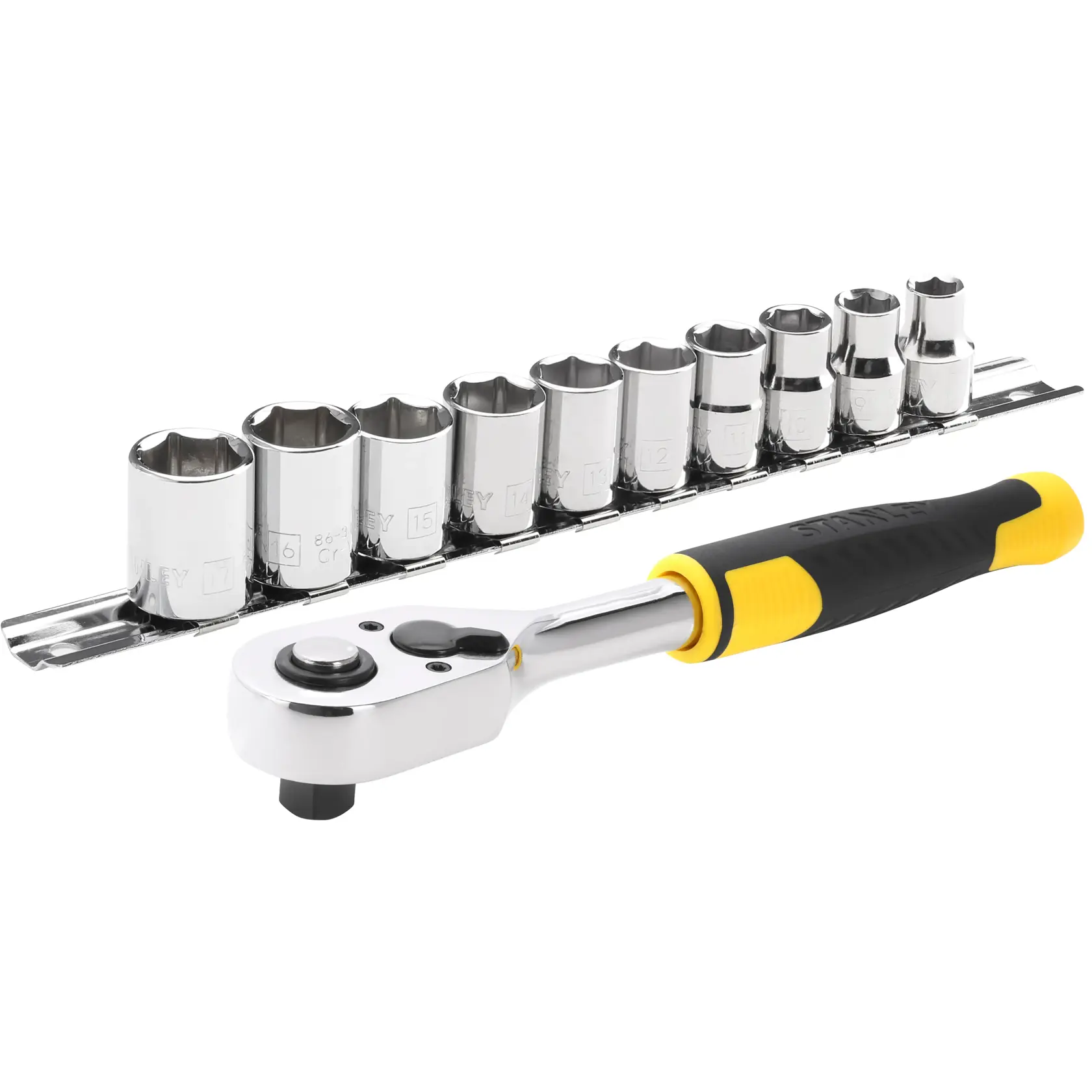 STANLEY STMT82670-0 coffret cliquet et douilles avec poignée noire et jaune, douilles chromées, fond blanc.